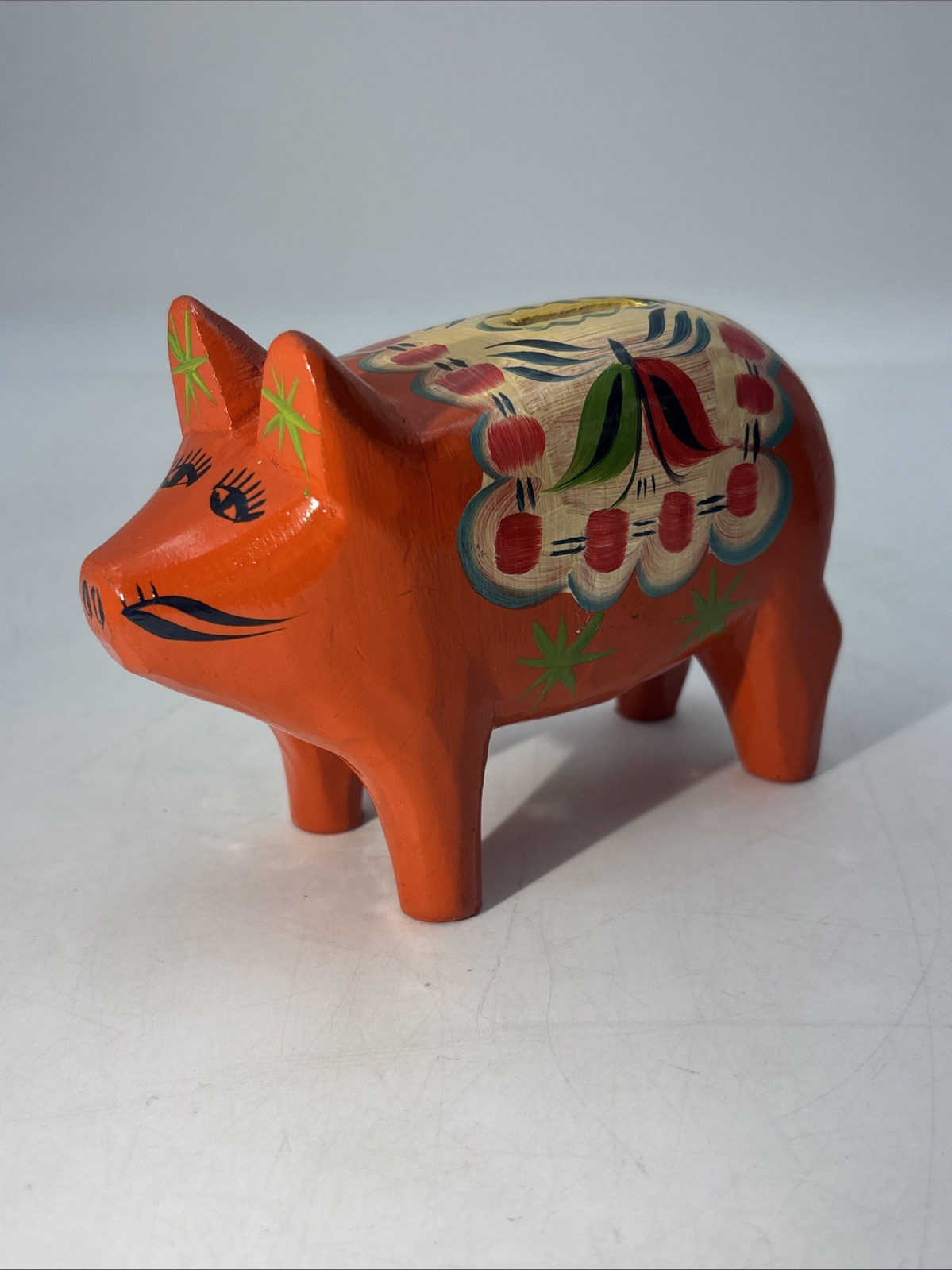 Vintage Dala Piggy Bank Hand Carved Wooden Sweden Mora Hemslojd Scandinavian
