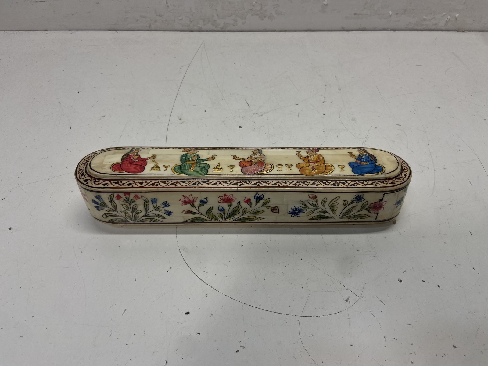 Vintage Bone-Tone Inlay Pen Box Hand Painted Mughal Figures Indo Style