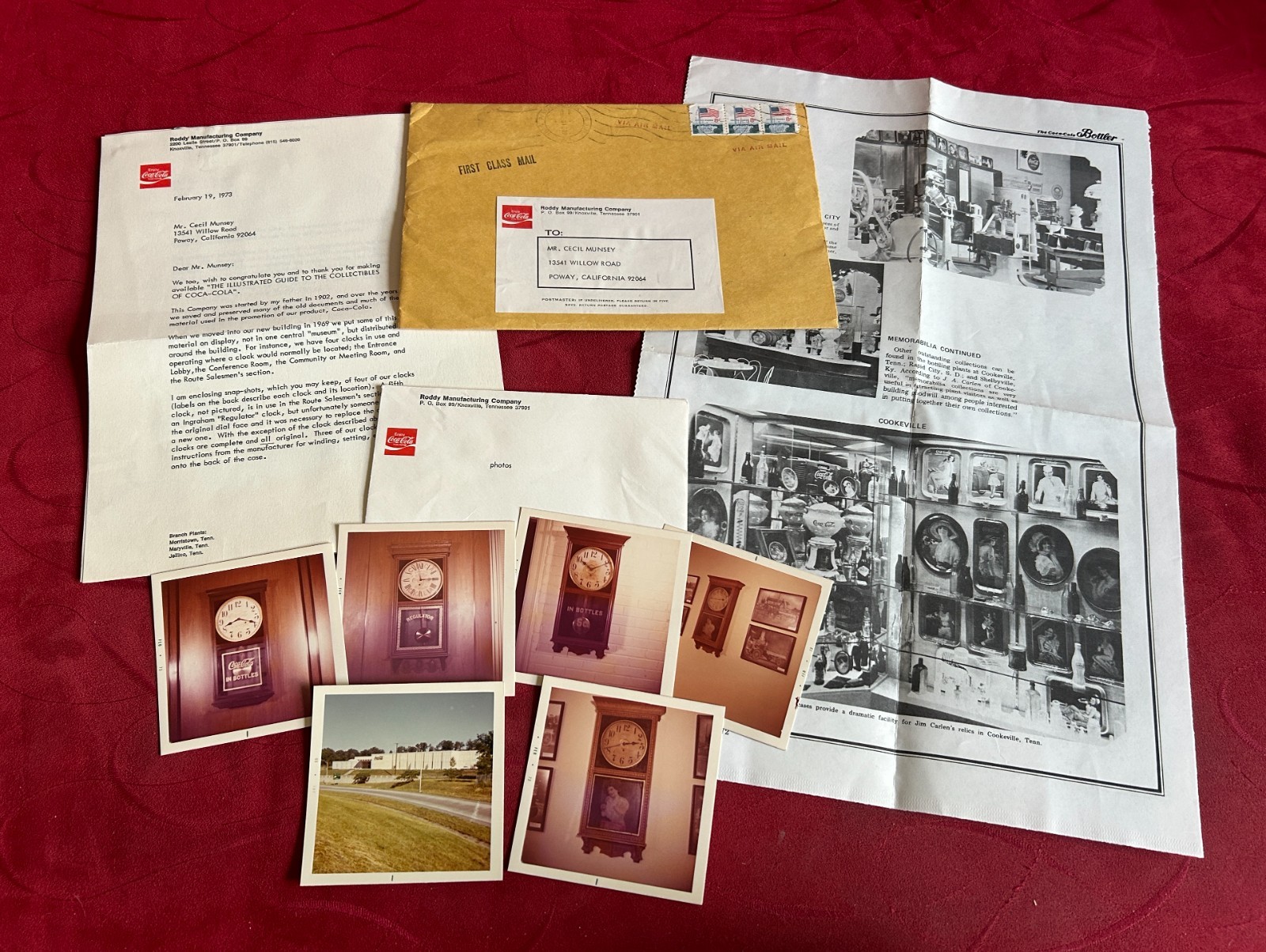 1973 Coca-Cola Roddy MFG Co Knoxville TN To Cecil Munsey Photos Letter Bottler