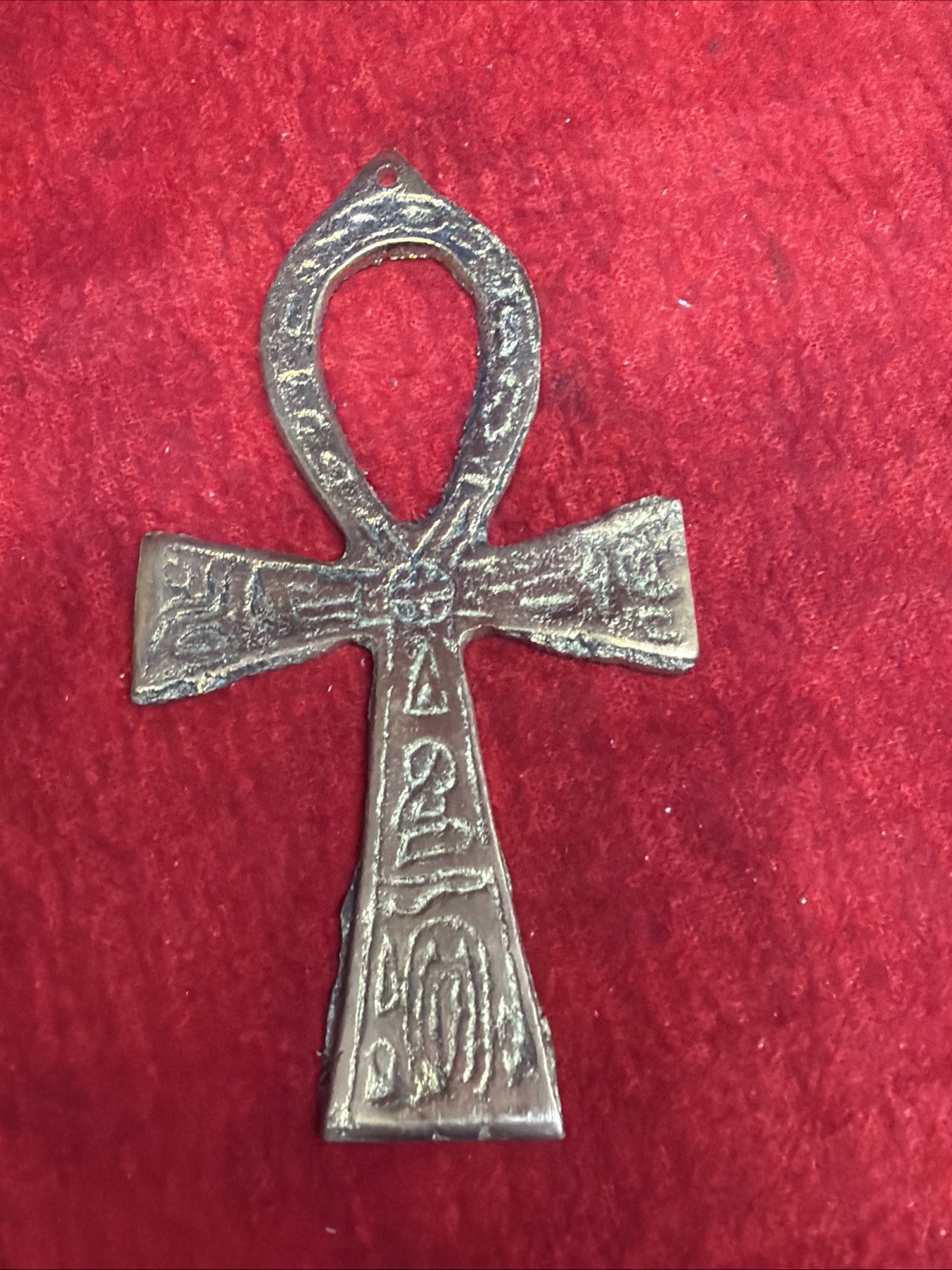 VINTAGE EGYPTIAN BRASS ANKH PENDANT WALL HANGING KEY TO LIFE ENGRAVED (k59)
