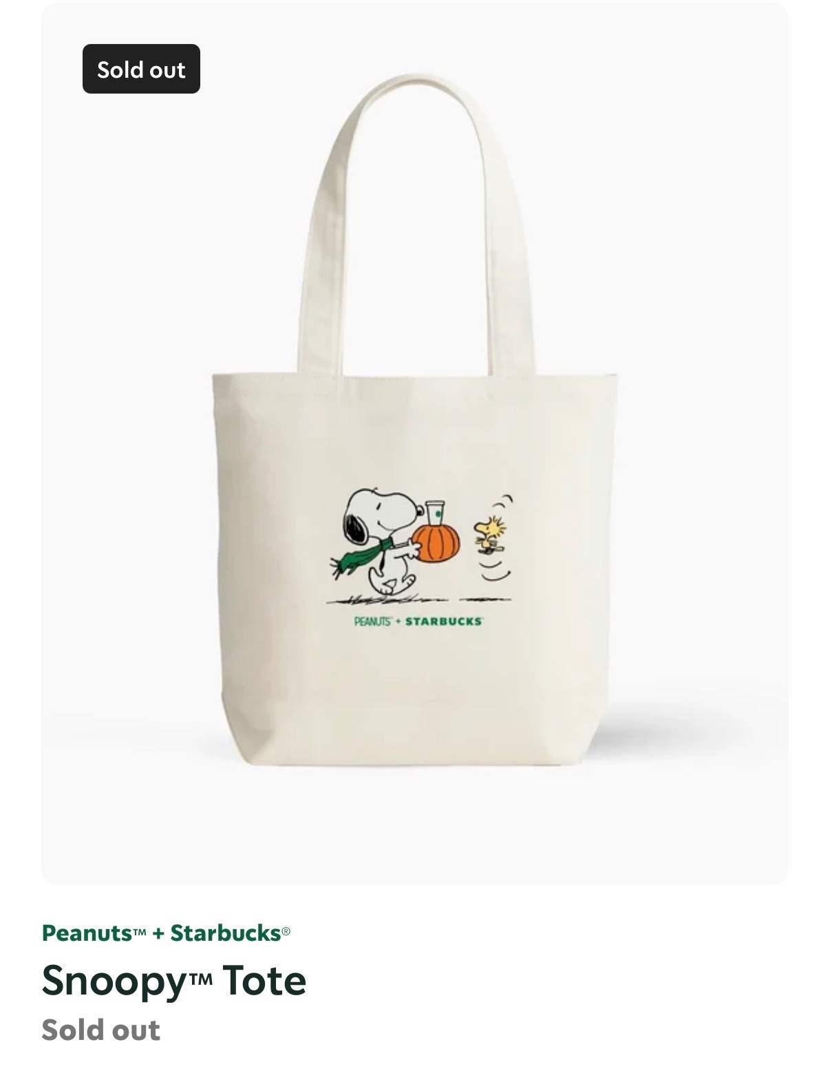 Starbucks x Peanuts Snoopy Full Size Tote Online Exclusive Sold Out.