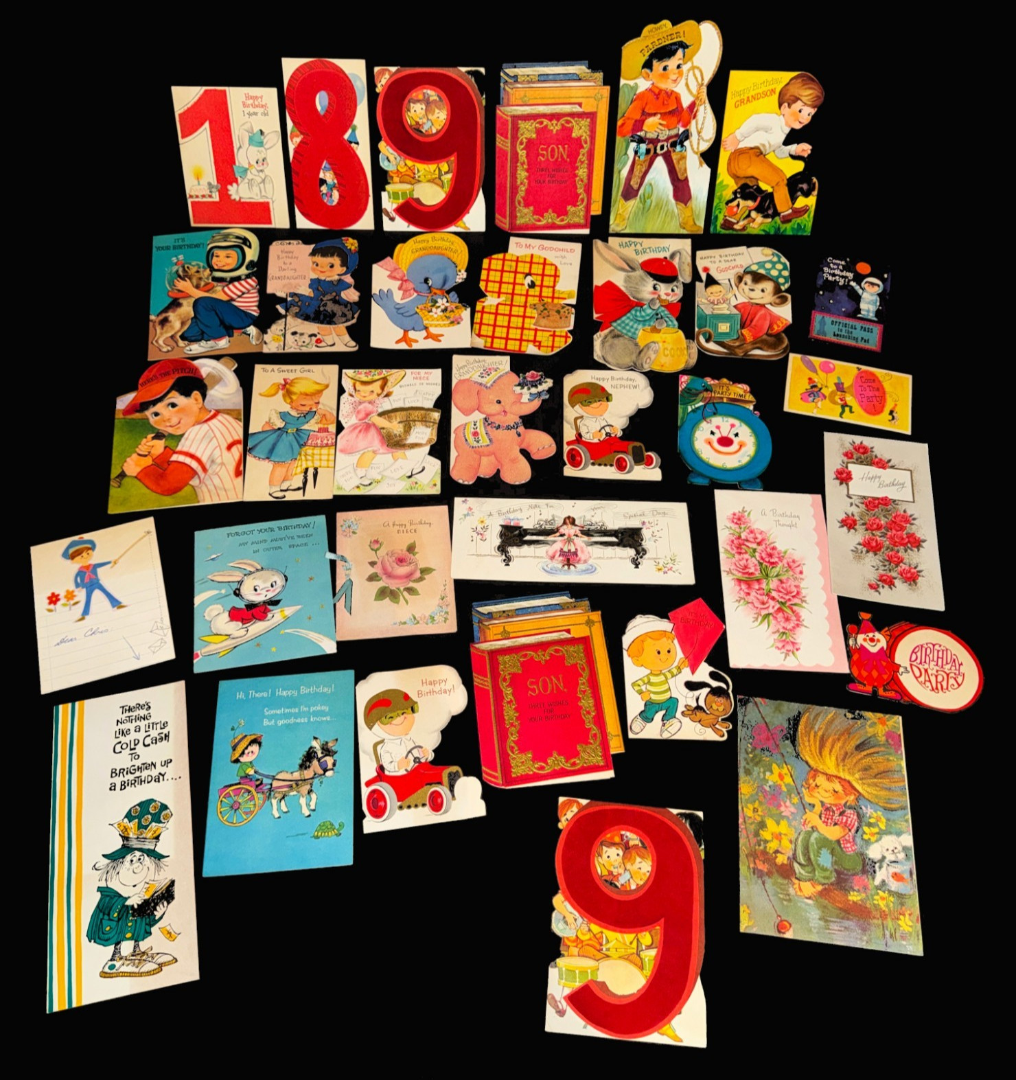 34 Vintage Birthday Greeting Cards Lot 1950s 60s Kids Animals Die Cut MCM