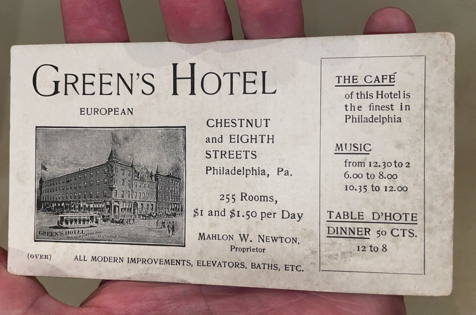 1890s Green's Hotel Philadelphia PA Advertising Card - Chestnut & 8th -