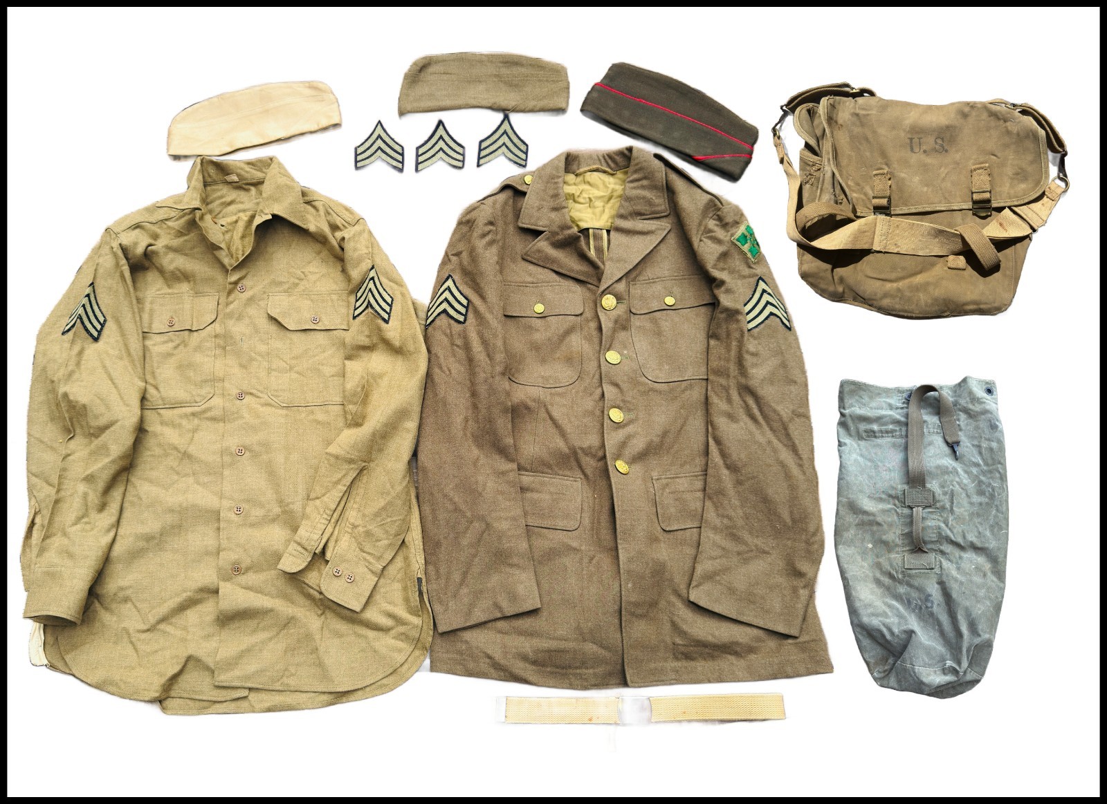 WWII US Army 4th Infantry NAMED GROUP Uniform Musette Field Duffle Bag 11 Pc Lot