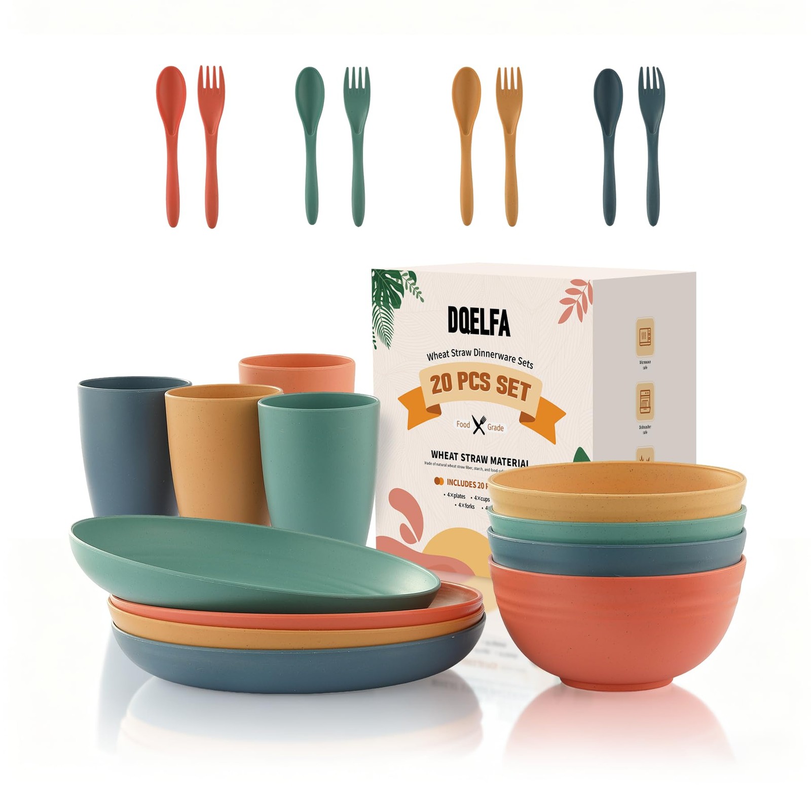 20PCS Wheat Straw Dinnerware Sets, 8.8*5.9, Orange, Yellow, Green, and Blue 