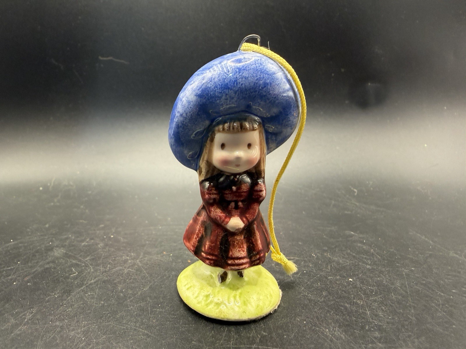Vintage Ceramic Girl Bonnet Christmas Ornament Figurine Big Eye Blue Hat 