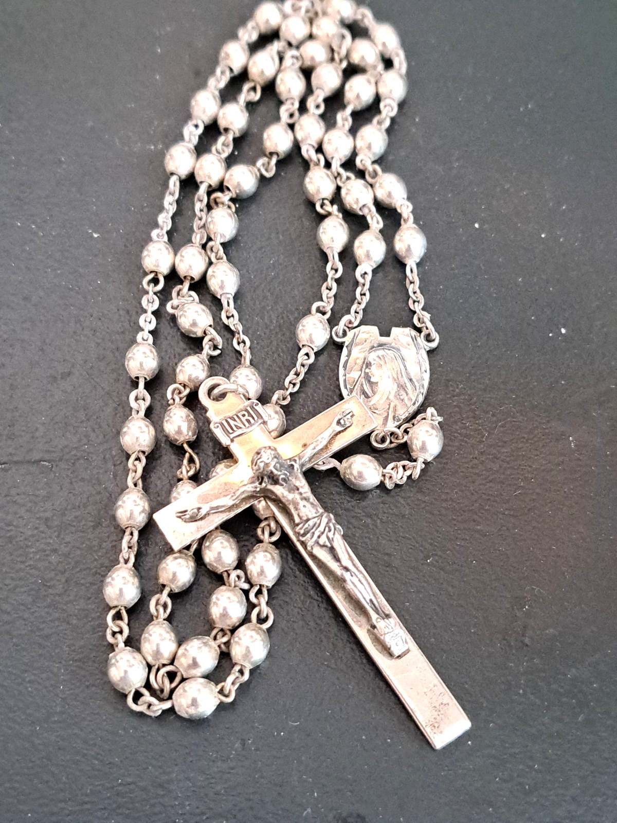 Vintage STERLING SILVER ROSARY STERLING BEADS & Catholic 2 1/4