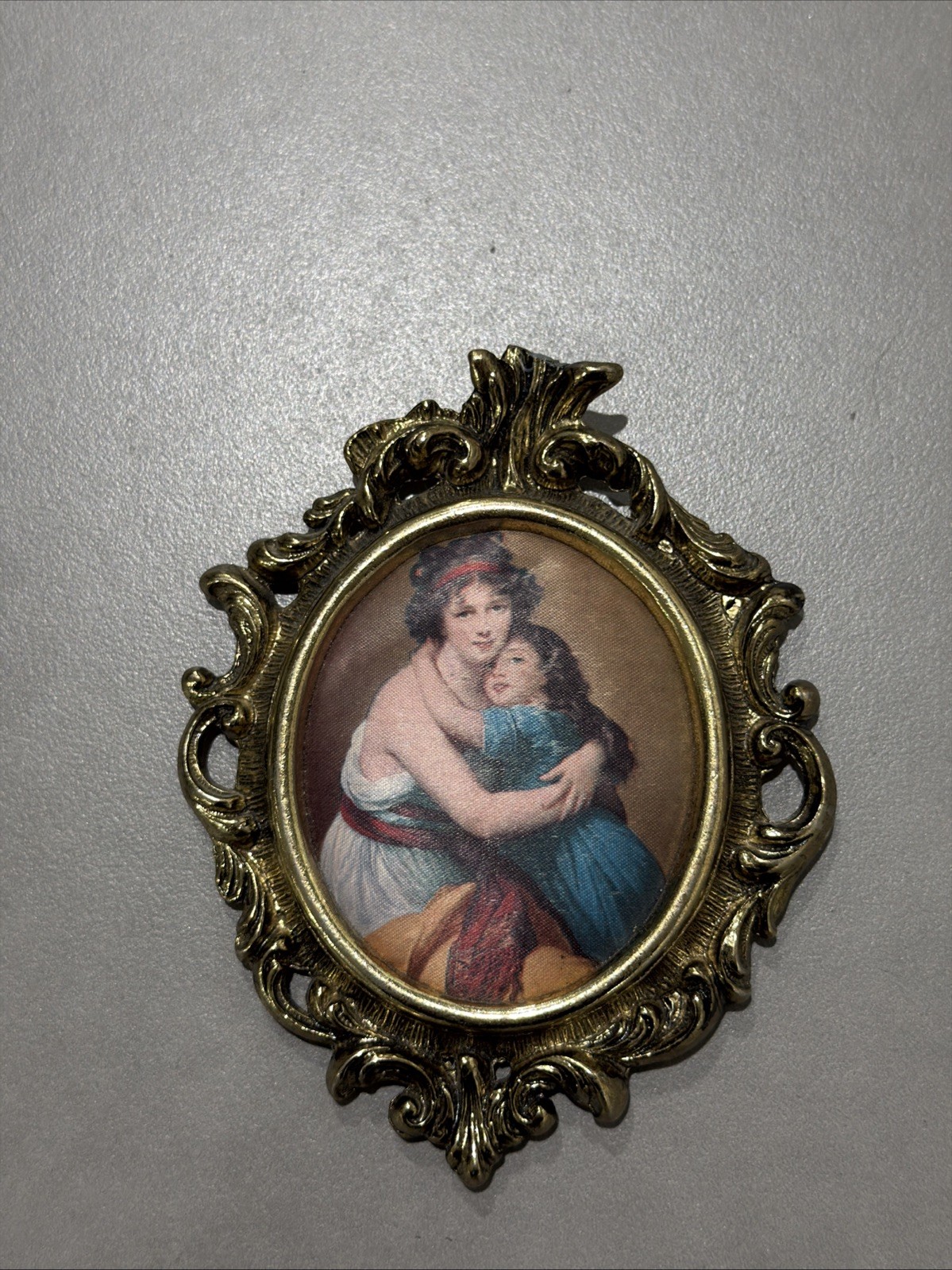 Vintage Italy Ornate Brass Oval Wall Frame Mother & Child Padded Silk Portrait