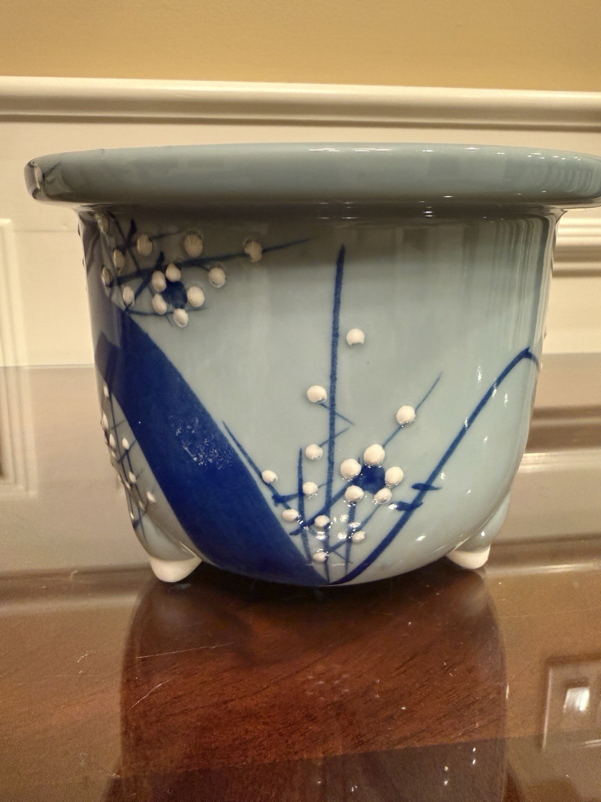 Vintage Japanese Seto Ware Bonsai Pot Planter - Celadon Blue White Plum Blossom