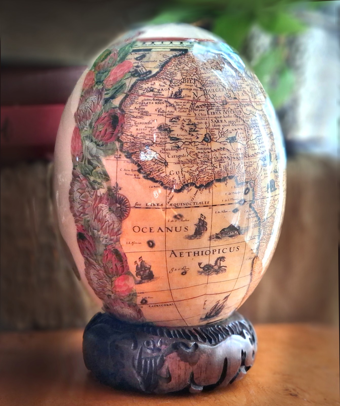 Vintage Decoupage Ostrich Egg Africa Map Elephant Animals Carved Wood Stand