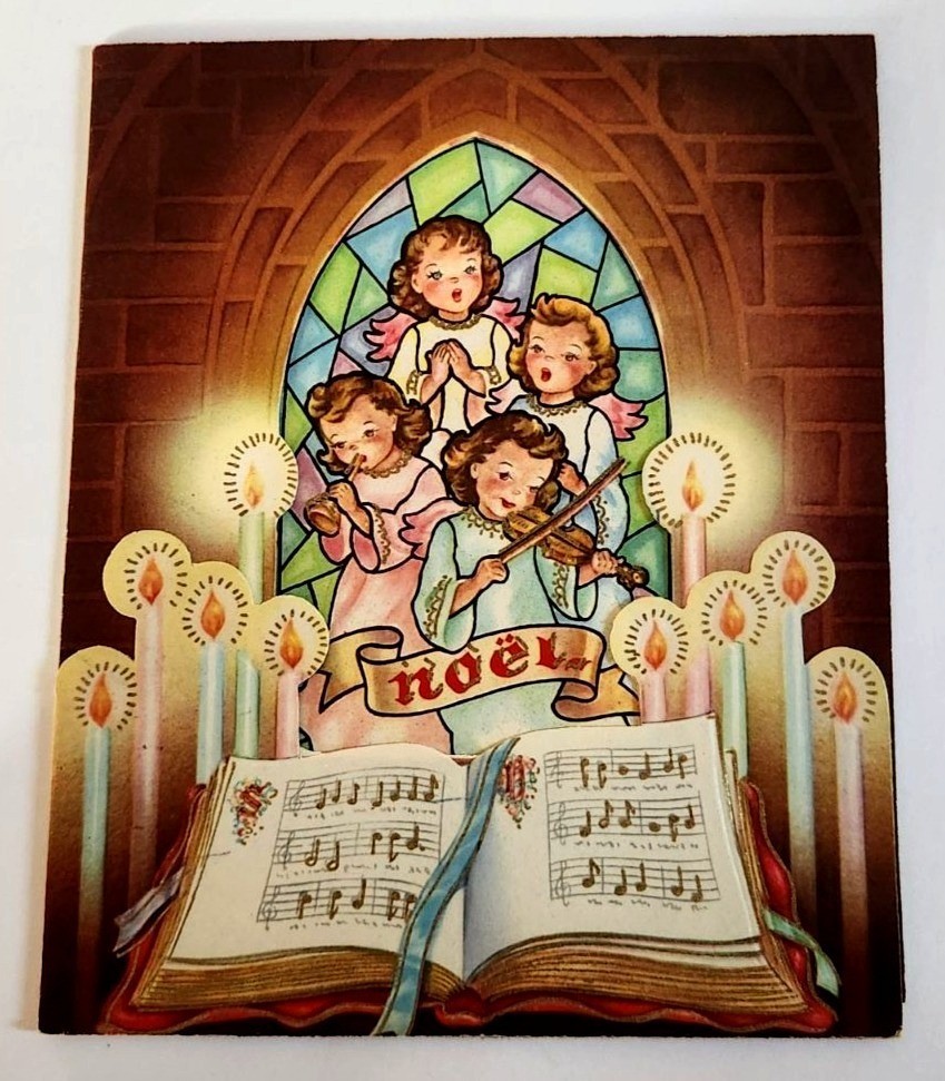Vintage 1940s Christmas Card Angel Choir Noel Stained Glass Die Cut Church (USED