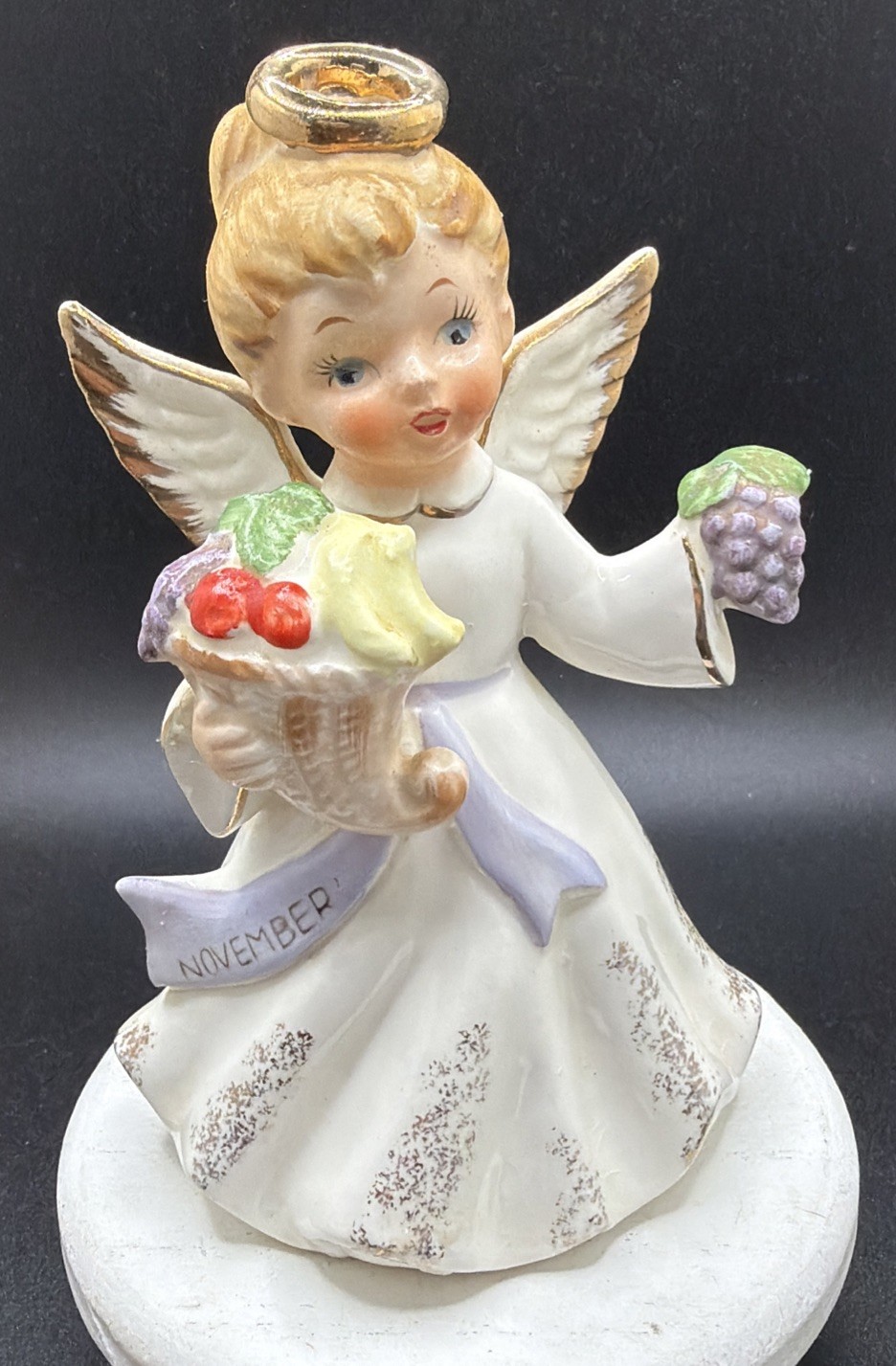 Vintage November Angel Girl Figurine Thanksgiving Japan Fruit Basket