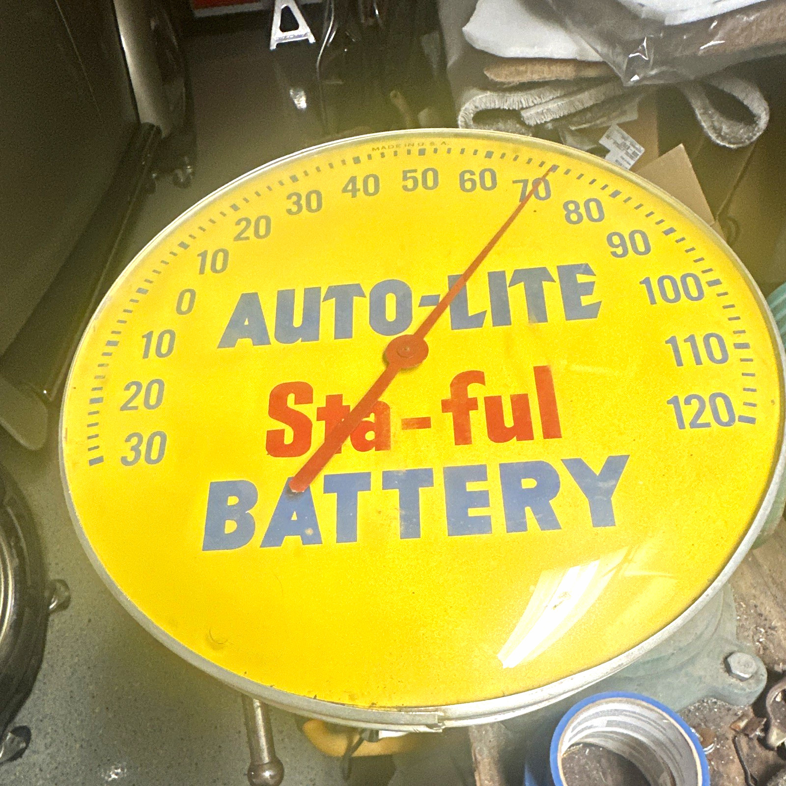 Autolite Sta-ful Battery Round Advertising Thermometer Yellow Blue Red
