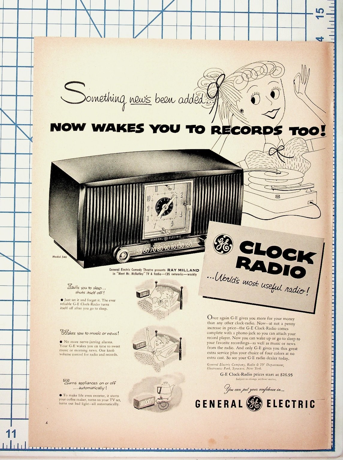 Vintage 1950s GE Clock Radio Ad Ray Milland Model 546 Record Player Ephemera