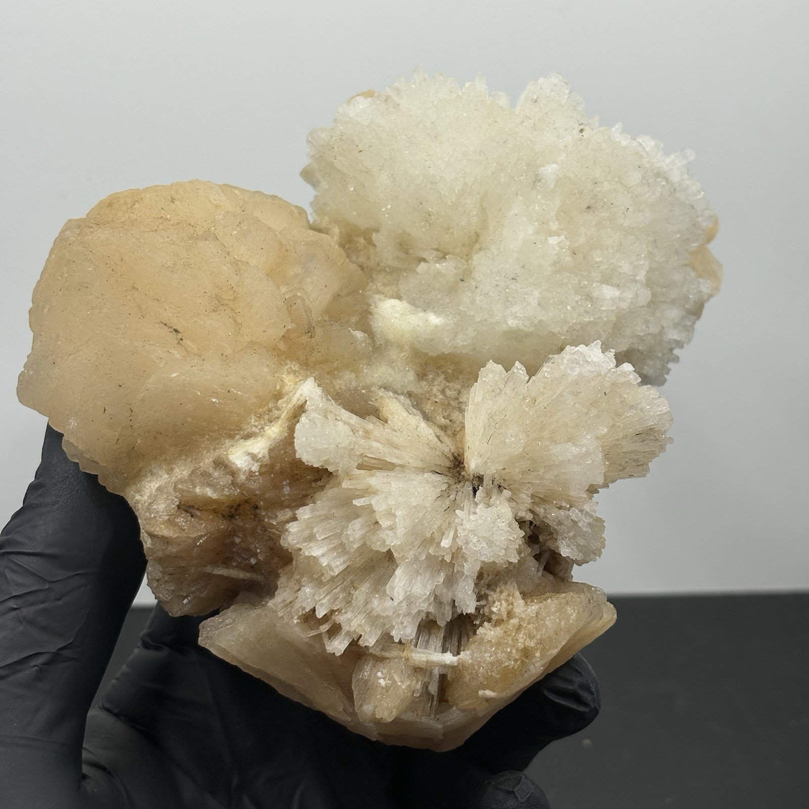 Scolecite Crystals Spray on Peach Stilbite Cluster 483g India Mineral Specimen