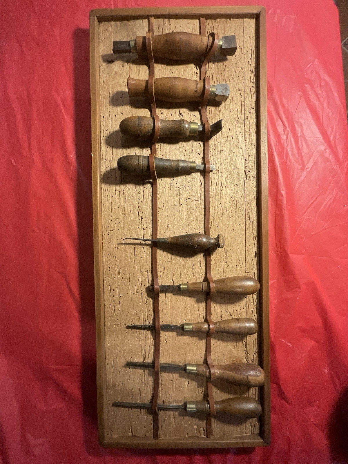 Antique Leatherworking Tools JB Mann 9pc Saddlery Tool Collection Wall Display