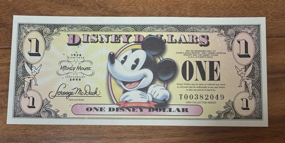 2008 T $1 Disney Dollars Mickey Mouse Uncirculated Note Disney Store