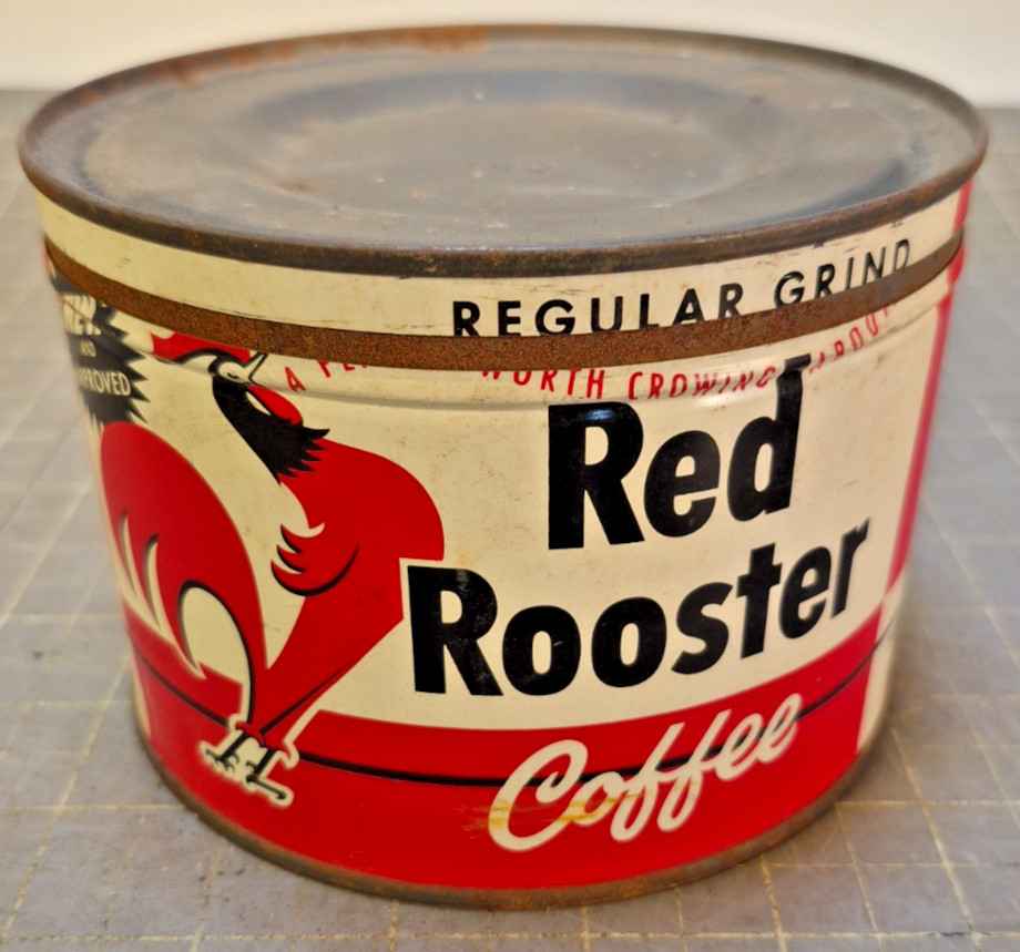 Vintage Red Rooster One Pound Key Wind Coffee Tin Can Super Valu Hopkins MN c