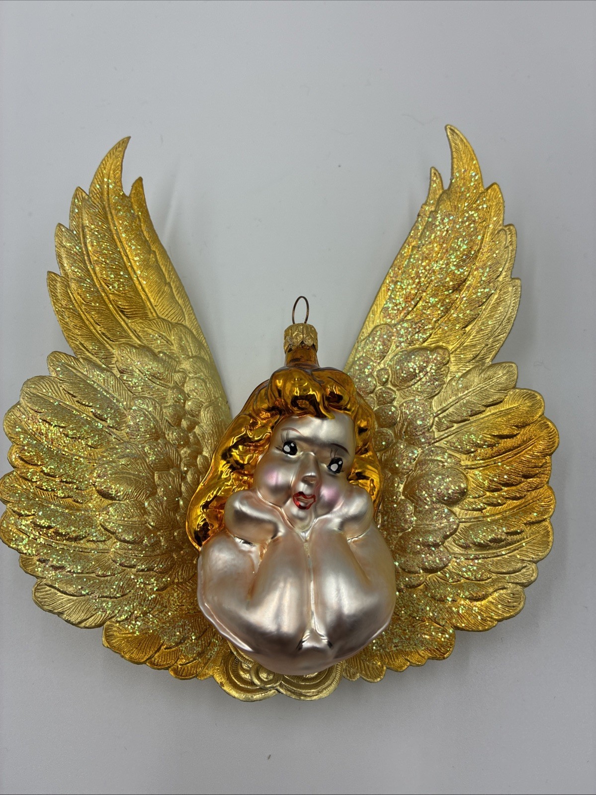 Rare Vtg Christopher Radko Angel Cherub Glass Ornament W/Large Shimmering Wings