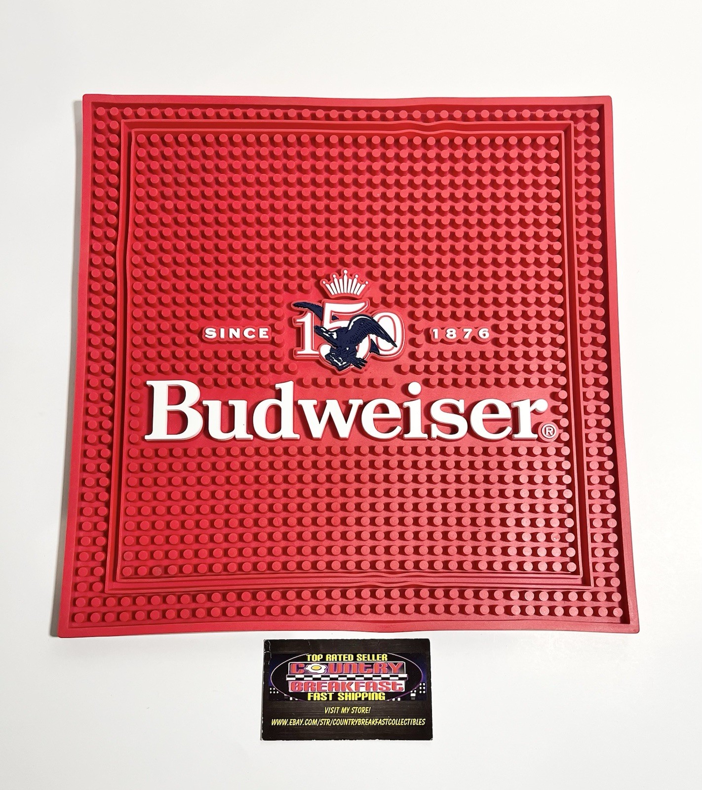 Budweiser Beer 150th Anniversary Rubber Bar Pour Spill Mat 12x12” - Brand New