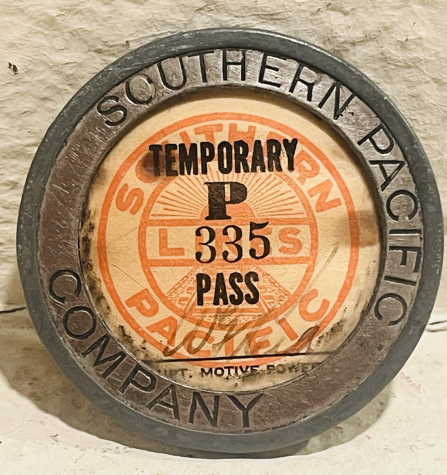 1930s-40s Southern Pacific Co. Railroad Temp. Pass PIN Patrick & M.K. Co Frame