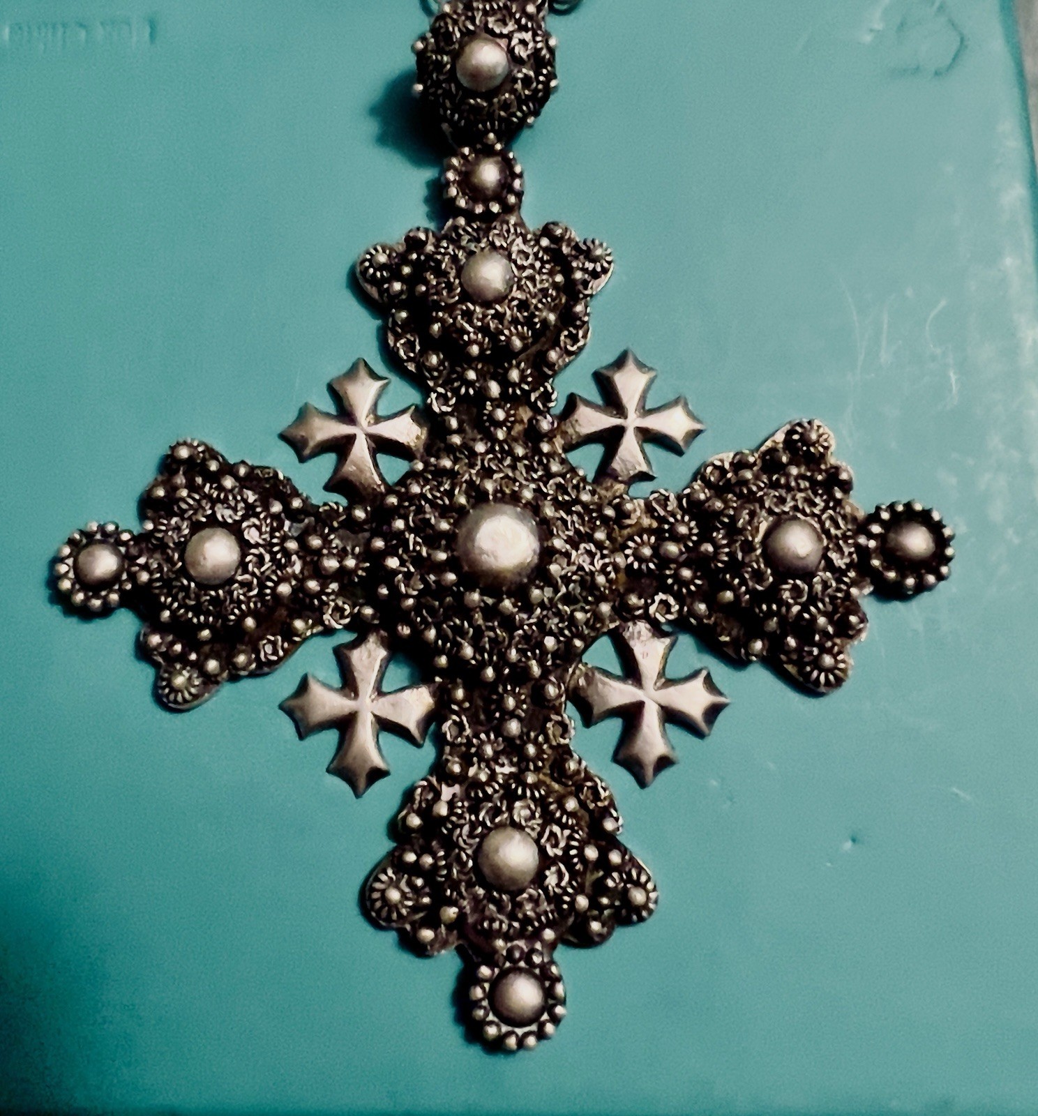 Vintage 950 Silver Jerusalem Cross Necklace Large Ornate Filigree 46g