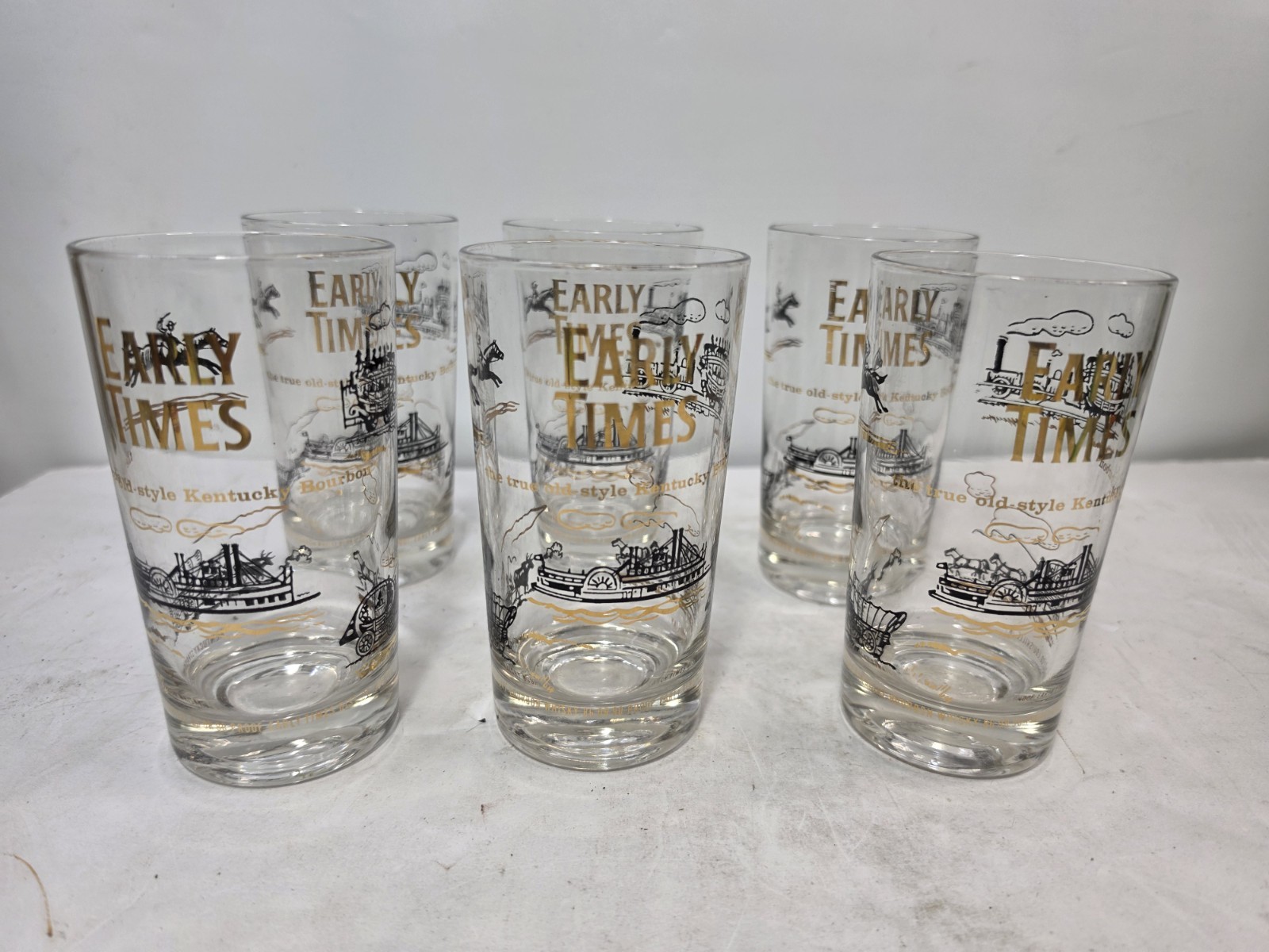 6 Vtg EARLY TIMES Old Style Kentucky Bourbon Whiskey Tumbler Glasses 16oz