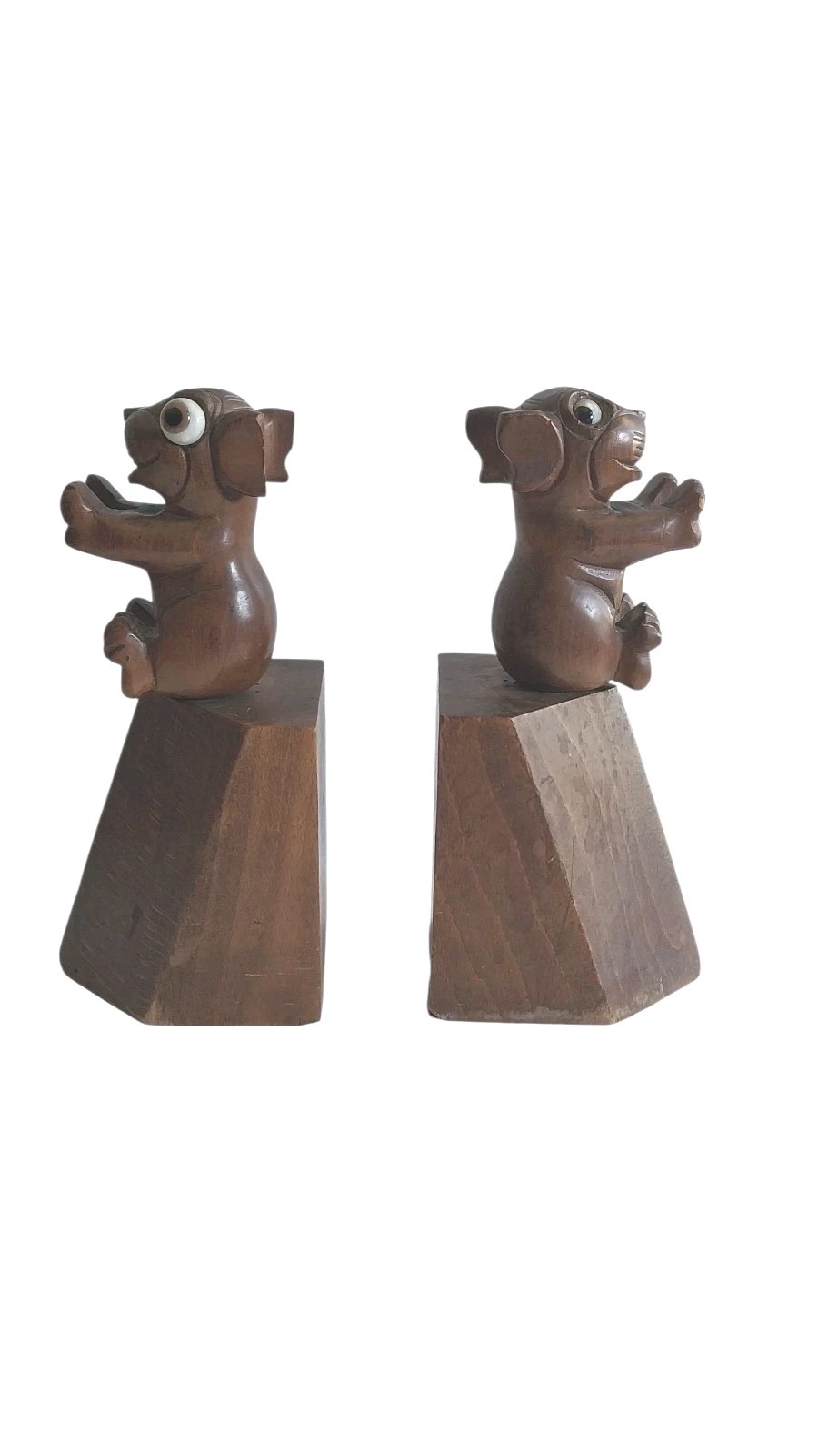 Vtg 1930s San Karmer Paris Hand-Carved Wood Big Eyes Dog? Bookends Art Deco Pair