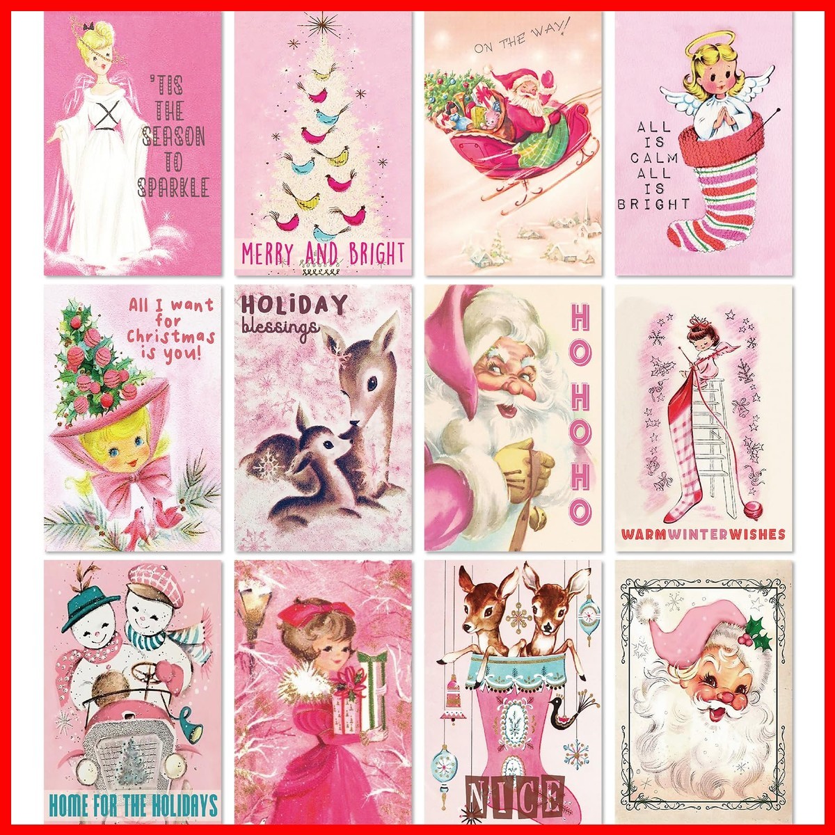 AnyDesign 36Pcs Christmas Greeting Cards 12 Designs Vintage Pink Note Cards