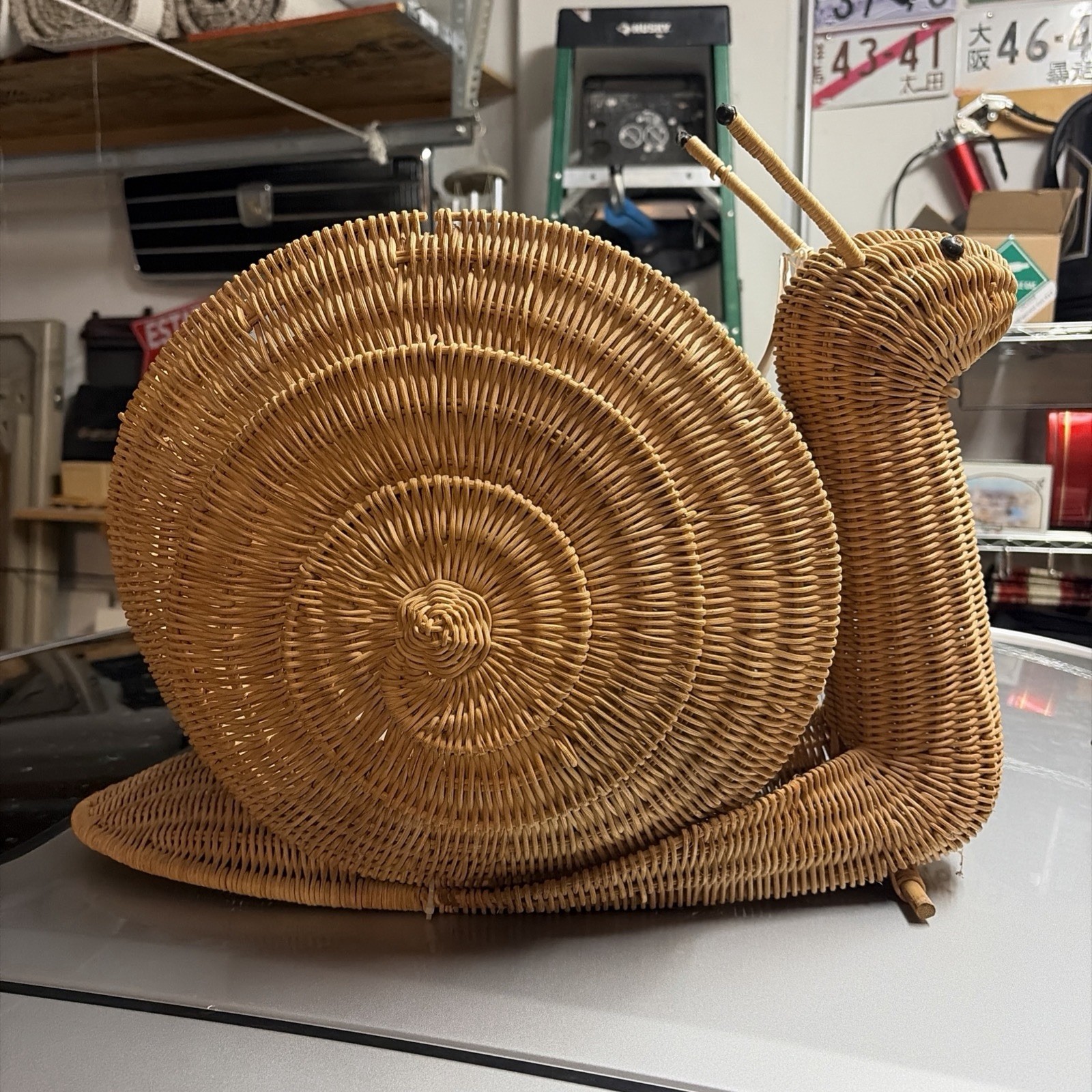 Vintage MCM Snail Woven Wicker Basket Large Magazine Rack Storage 21”