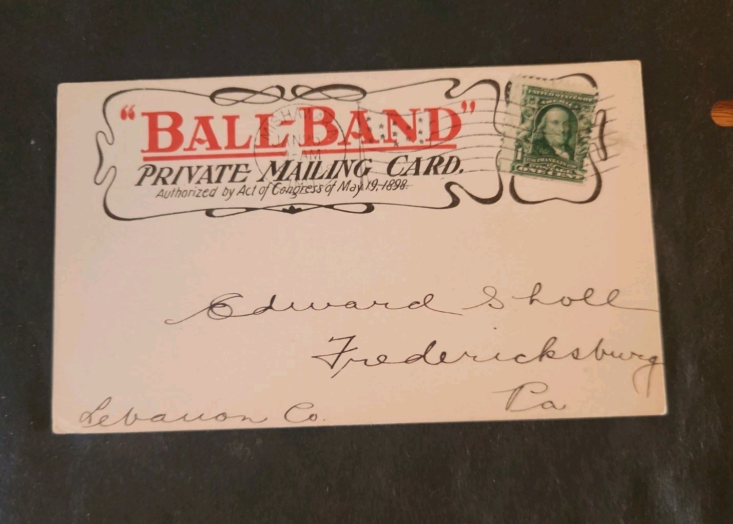 Rjkstamps 1908 Private Mailing Post-Card  BALL-BAND boots. Off Center Perf.