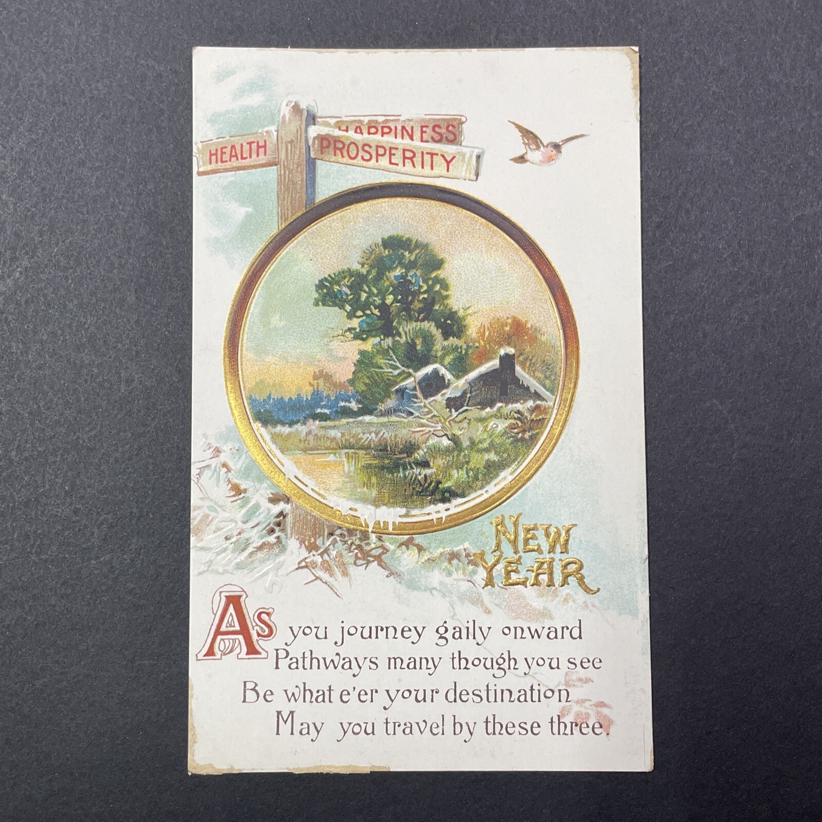 Antique 1910s Embossed New Year Postcard Winter Scene Signpost Poem
