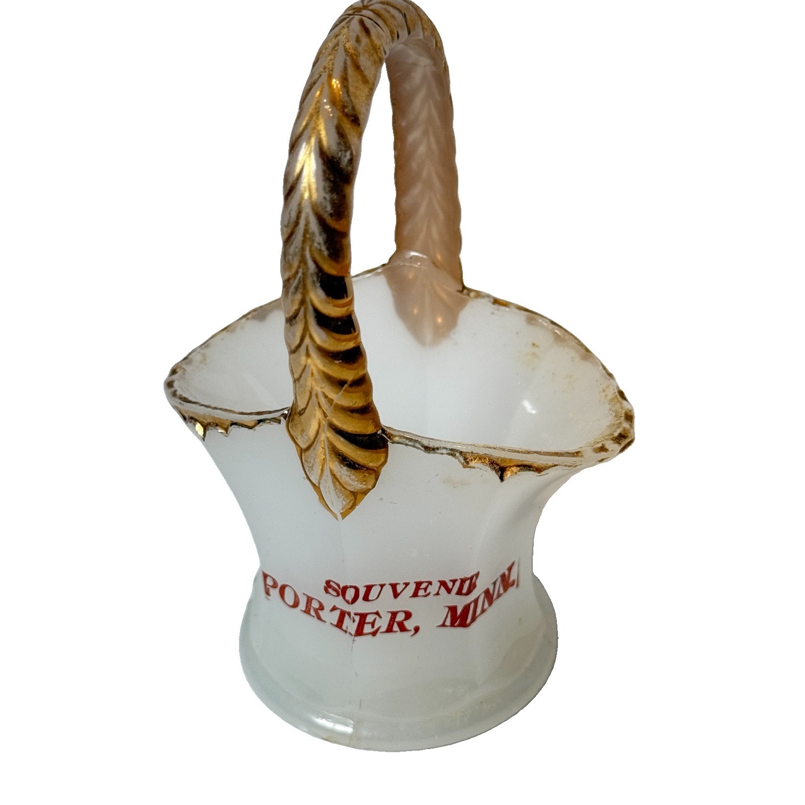 PORTER MINNESOTA MN Antique DEPRESSION WHITE MILK Glass Souvenir TRINKET BASKET