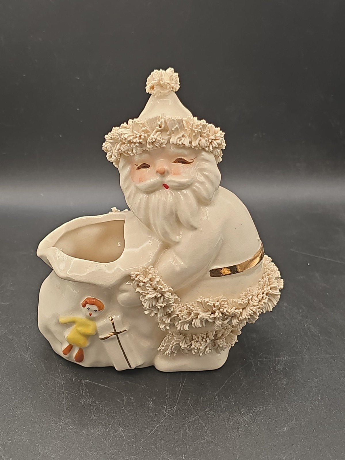 Napco Ceramic Arctic White Santa Claus Spaghetti Planter Gold Trim Toy Bag Vtg