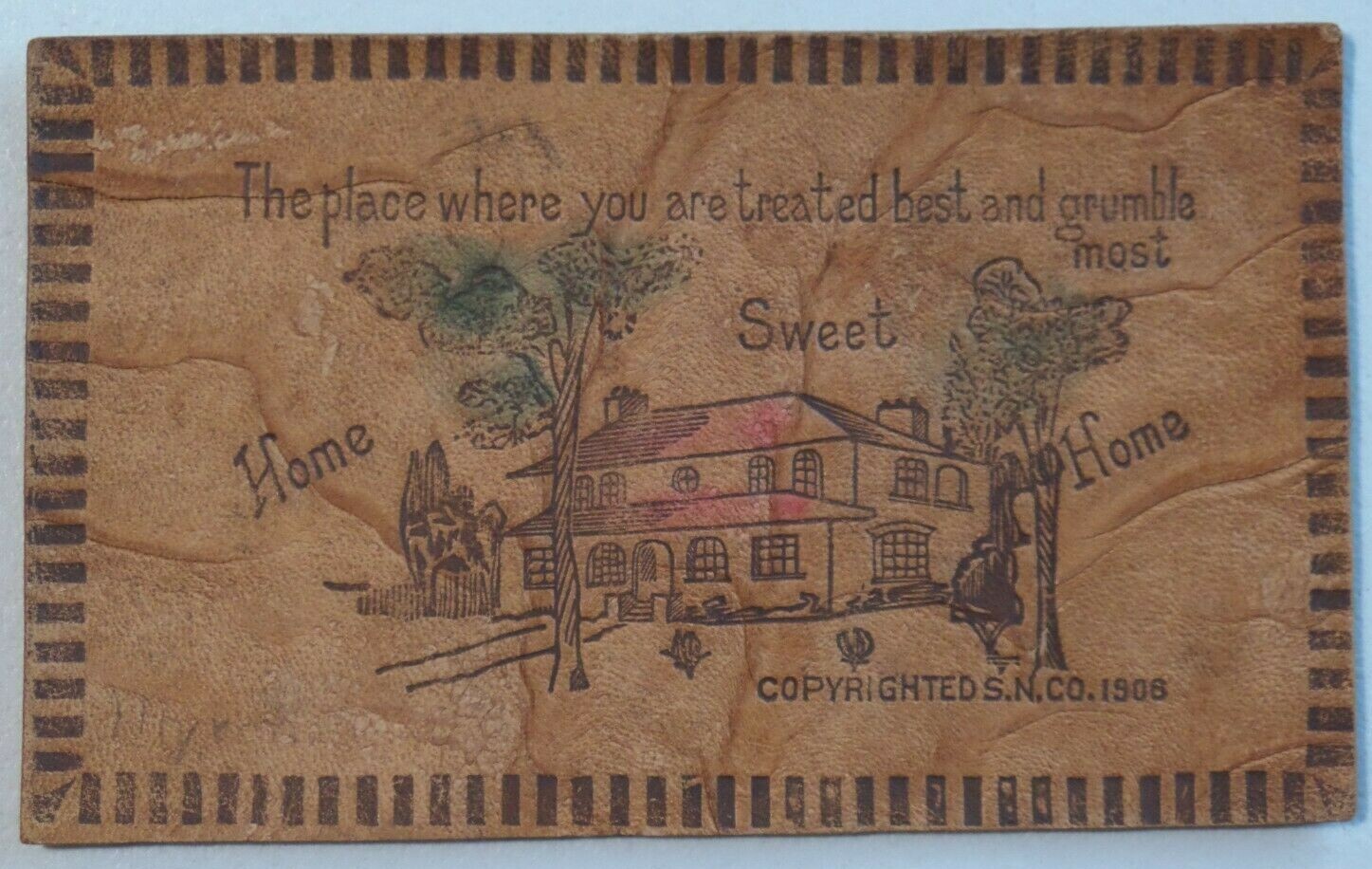 Home Sweet Home PM Perrinton Michigan 1906 S.N. Co. Leather Postcard A361