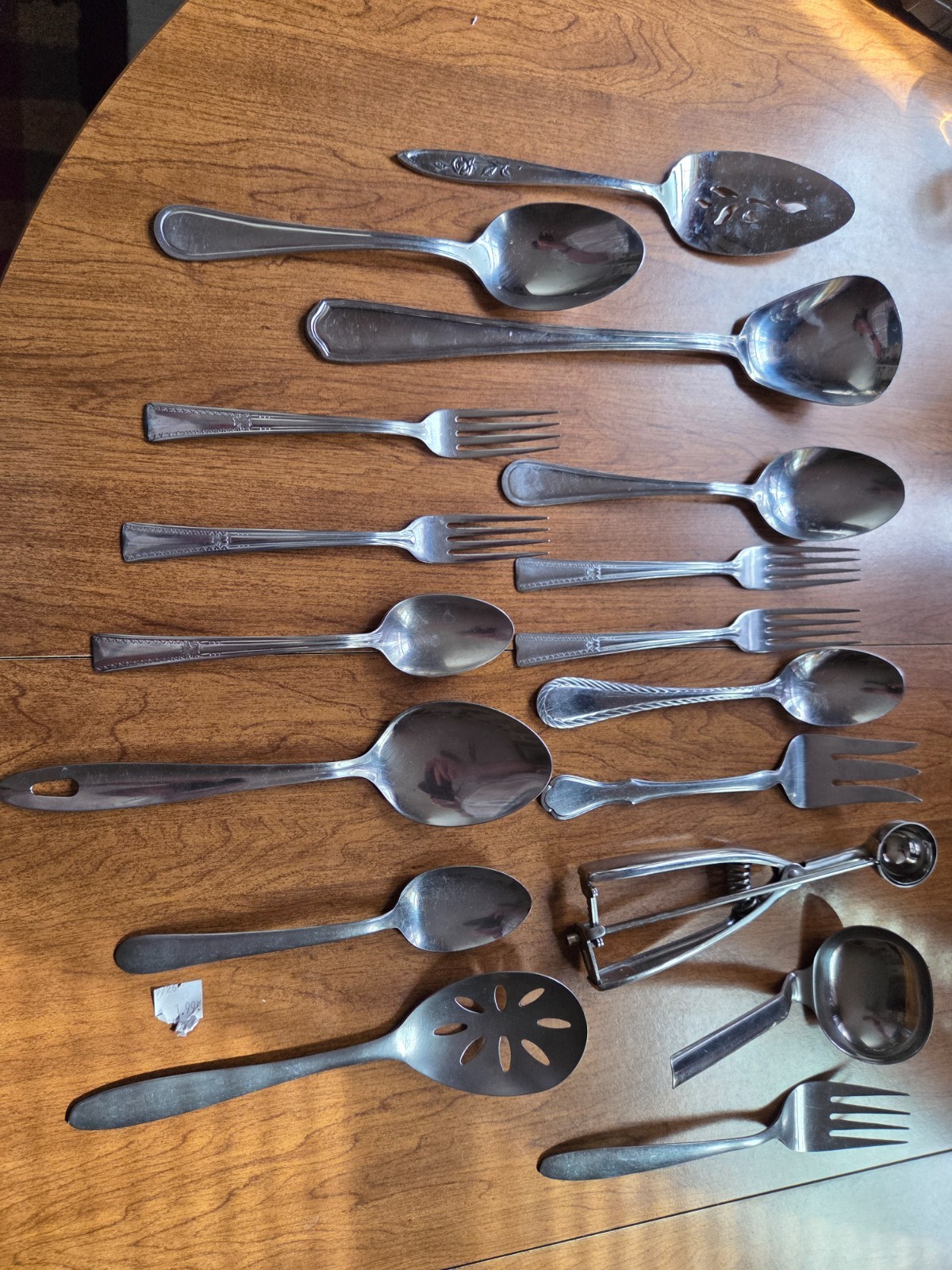 Nice 17 piece mixed stainless steel flatware and serving pieces very good condit