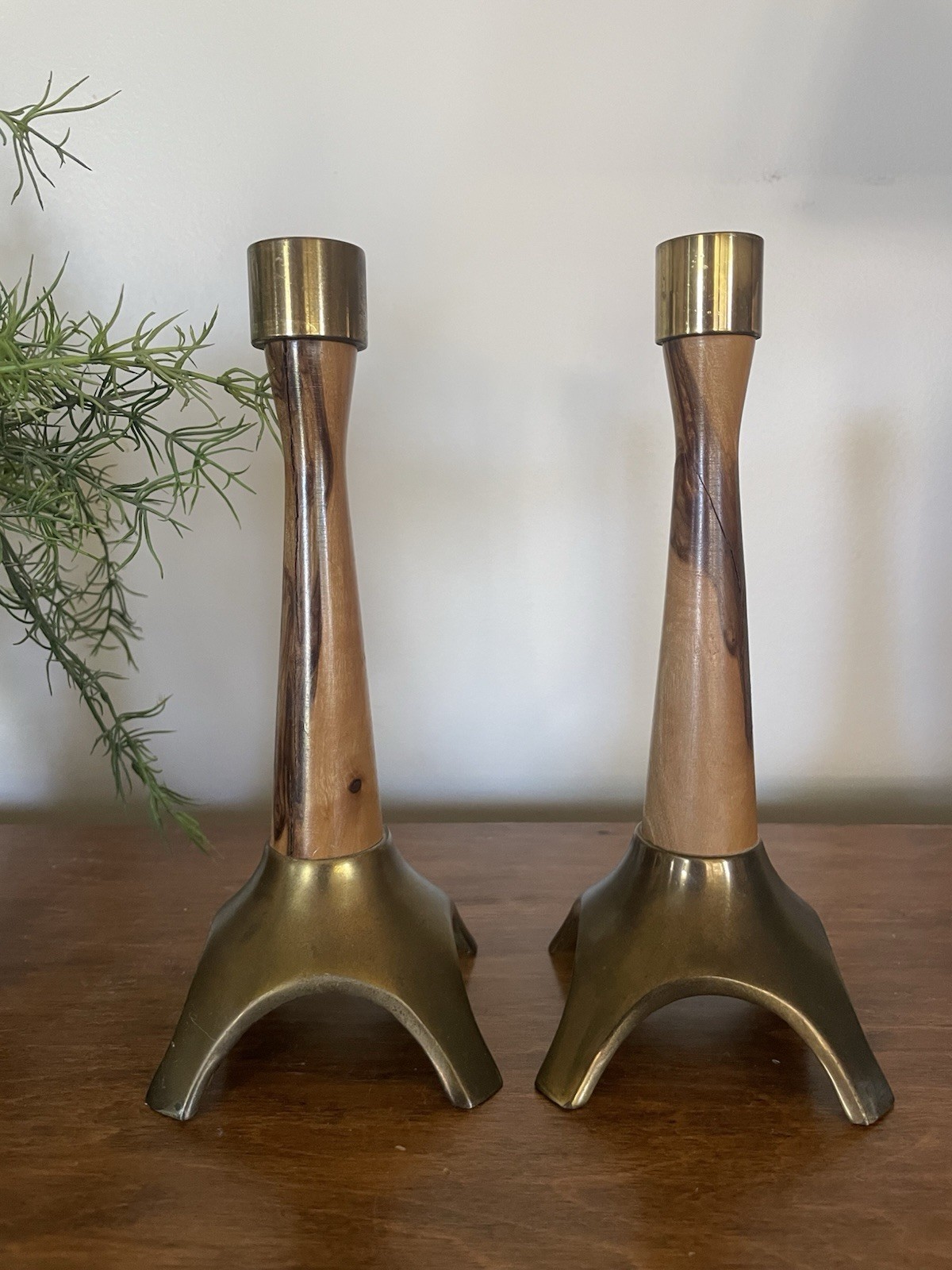 Pair Of Mid Century Modern Walnut And Brass Candlesticks Made In Israel