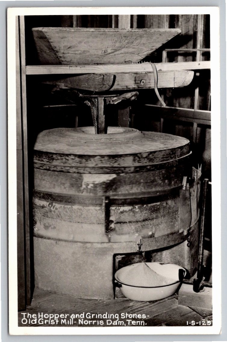 1930s Old Grist Mill Hopper Grinding Stones Norris Dam TN Vintage RPPC Postcard