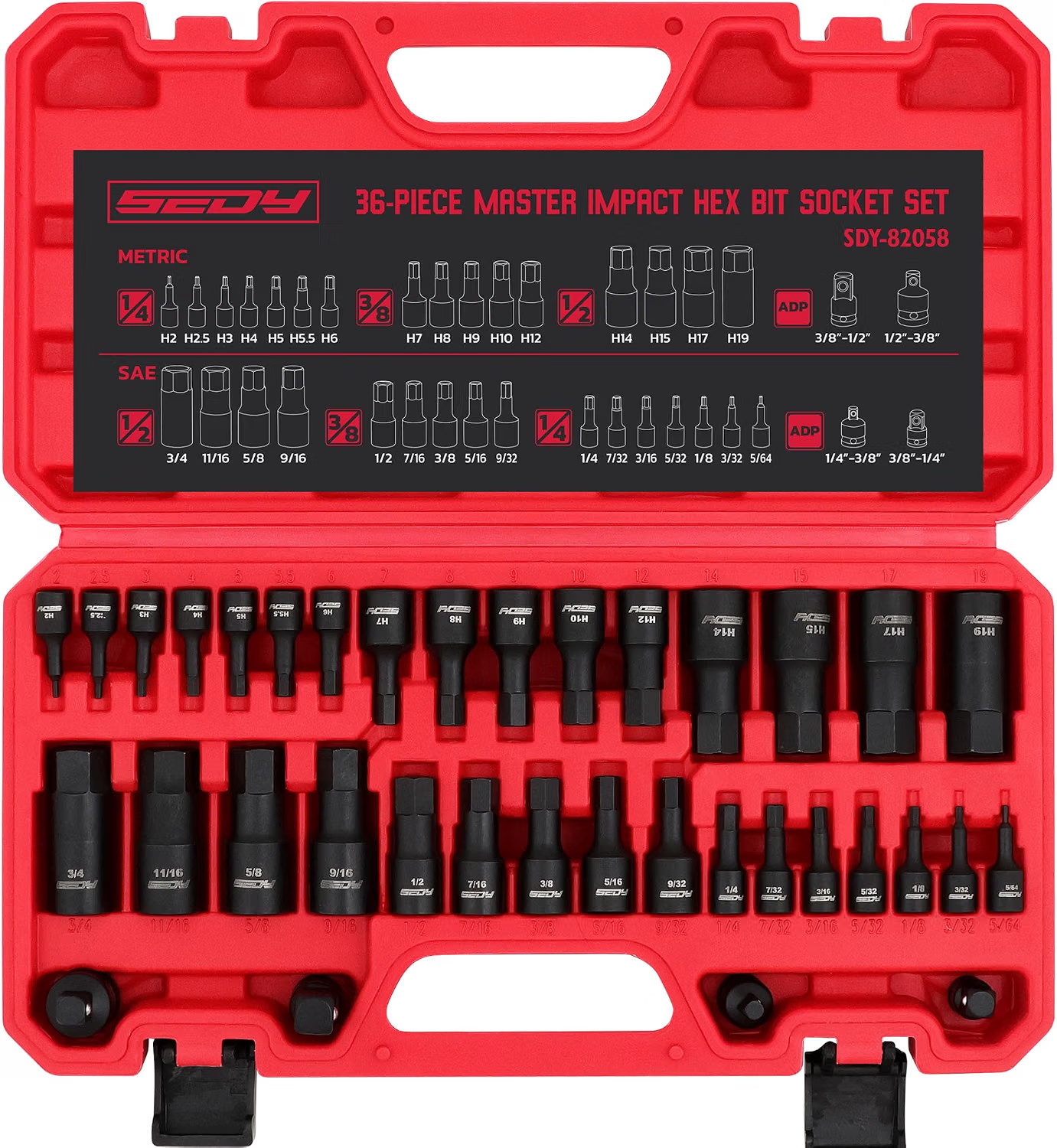 Hex Bit Impact Socket Set 36-PC with 4 Adapters, 1/4 Hex Bit Impact Socket Set 36-PC with 4 Adapters, 1/4