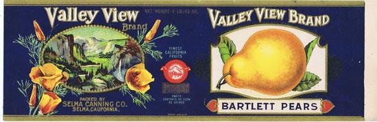 Valley View Bartlett Pears Can Label Selma Canning CA Schmidt Litho Yosemite