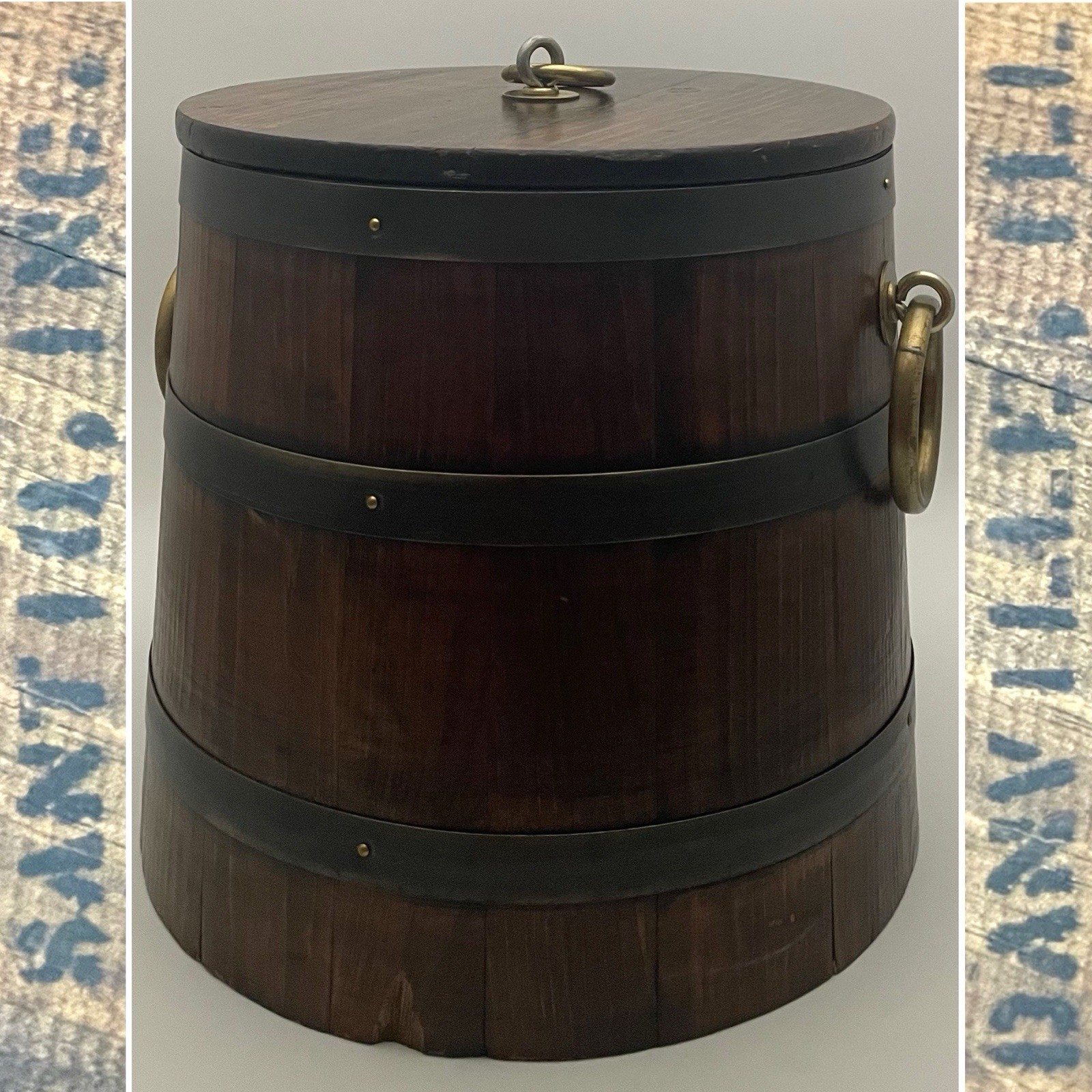 Santiq Primitive Wood Ice Barrel Cooler Bucket w/Celluloid Liner c1920s USA 13”t