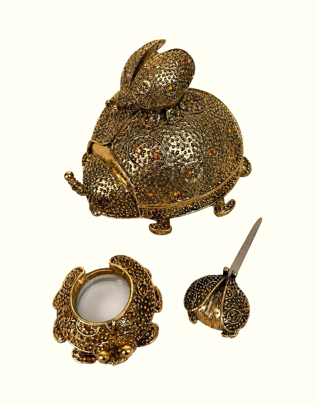 Vintage 3 Piece Lady Bug Desk Set Trinket Box Magnifying Glass Letter Opener 4”
