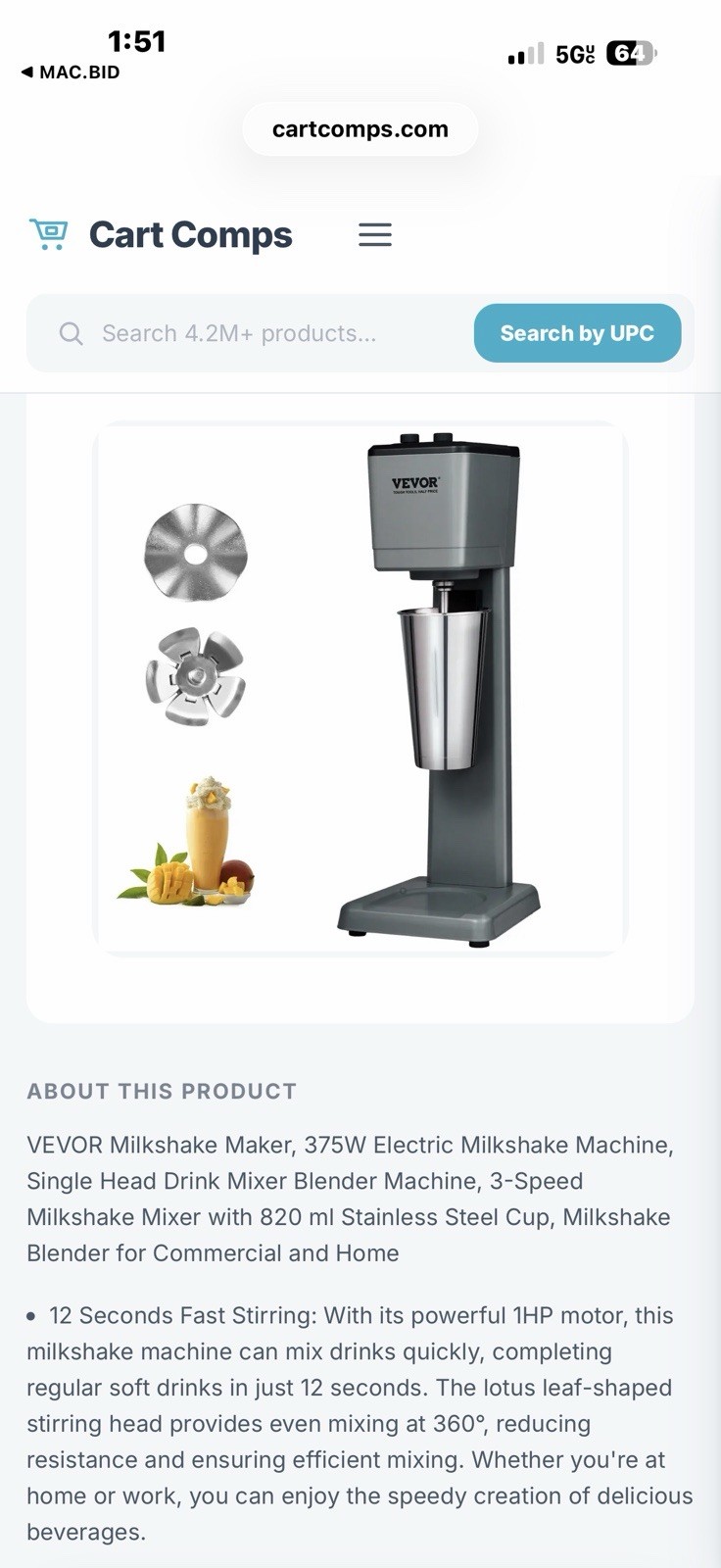 VEVOR Milkshake Machine, 375W Milkshake Maker Mixer, Single Head Drink Mixer