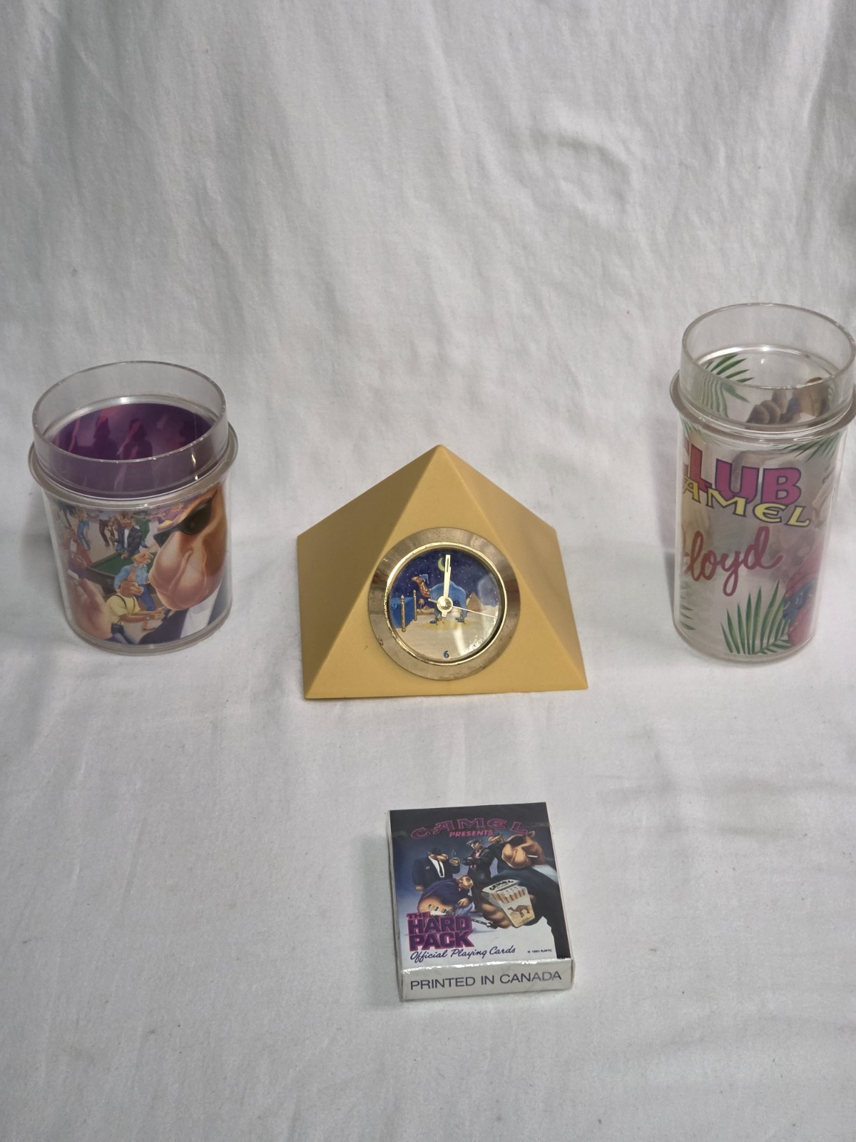 Camel Club Joe Camel Bundle- 2 Cups, Pyramid Alarm Clock, And Deck Of Cards