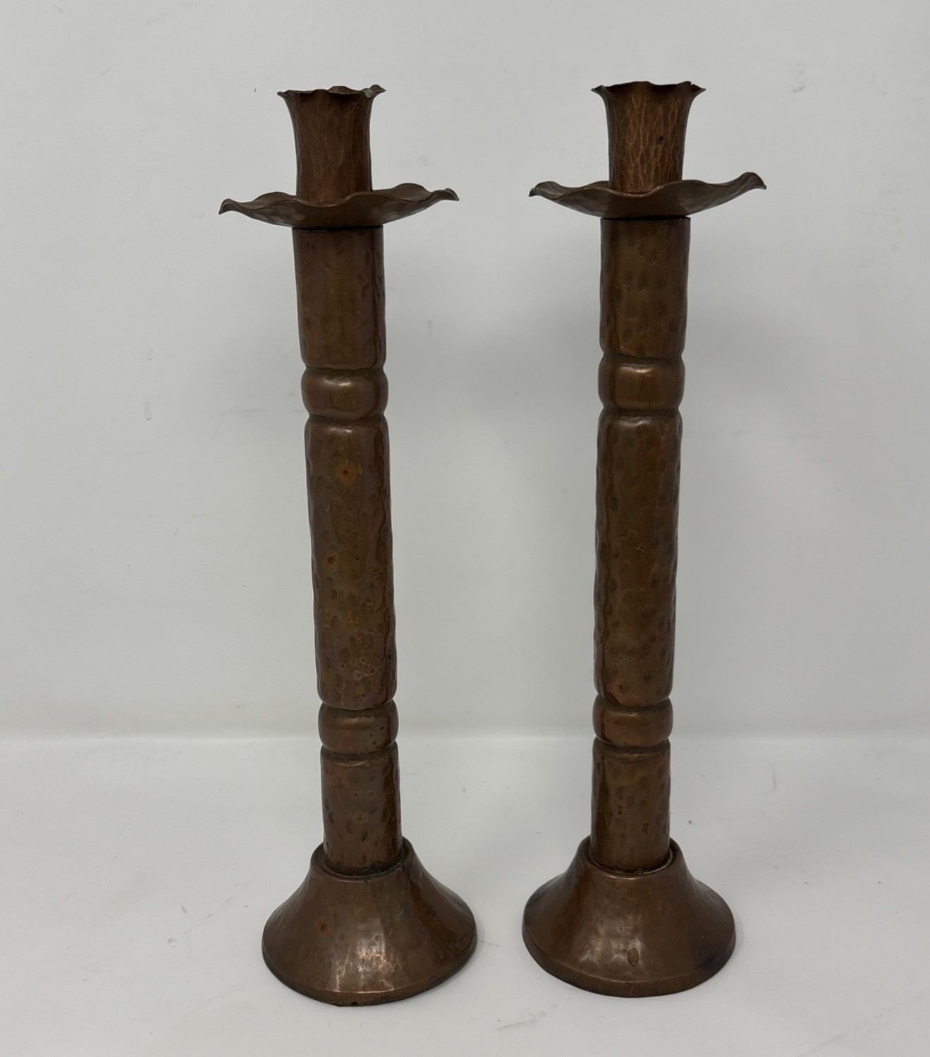Pair Antique Arts & Crafts Hammered Copper Candlesticks - 10.5\