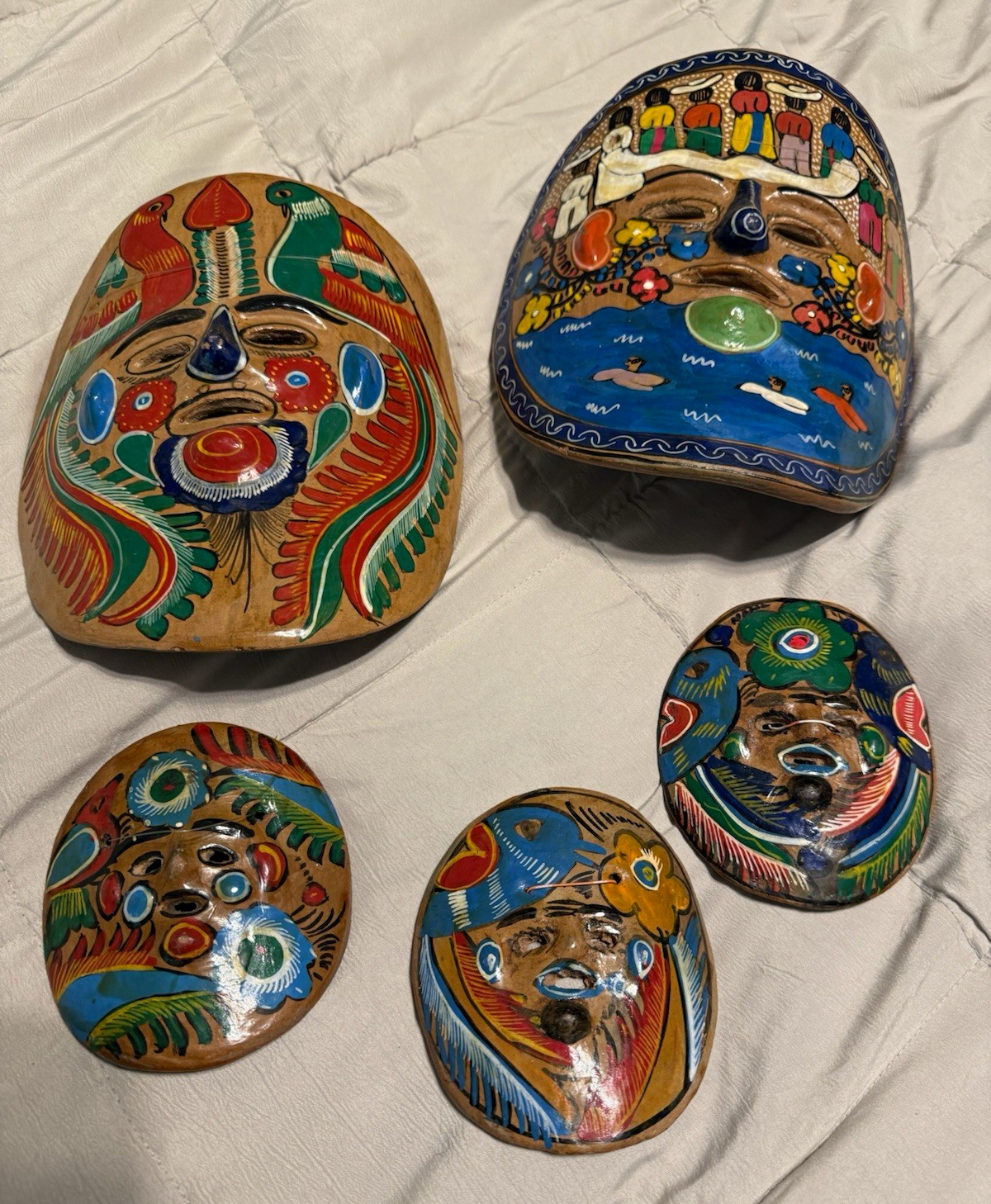 Vintage Handmade Mexican Folk Art Hand Painted Terracotta Clay Masks Wall Hangin