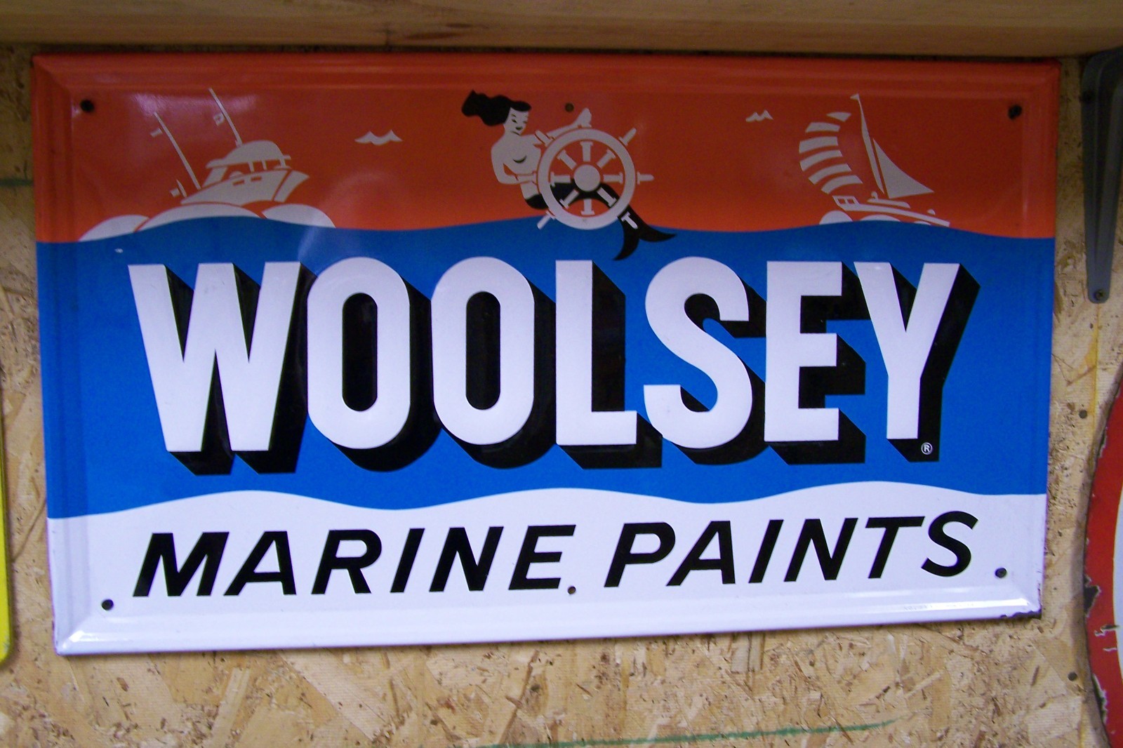 NOS ORIGINAL  EMBOSSED Boats Woolsey Marine Paints Metal Sign (TAC) 039505 $1200