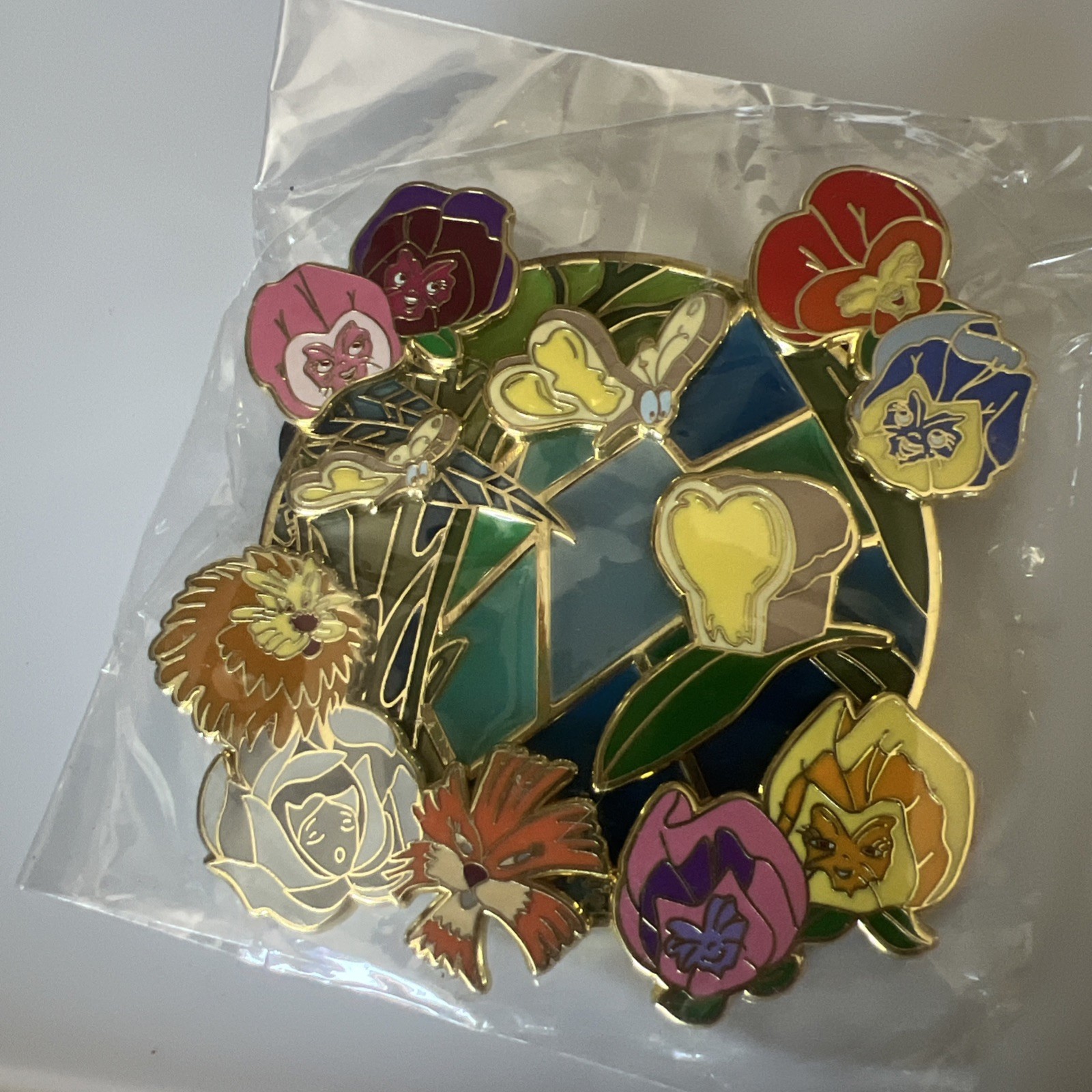 Alice in Wonderland Butterflies Lion Flowers Pansies Stained Glass LE 50