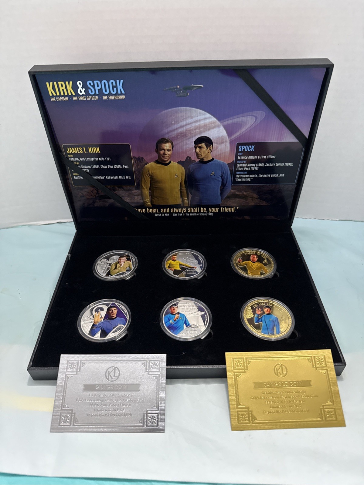 Star Trek Kirk Spock 6 Coin Set Gold & Silver Plated Colorized Display Case COA