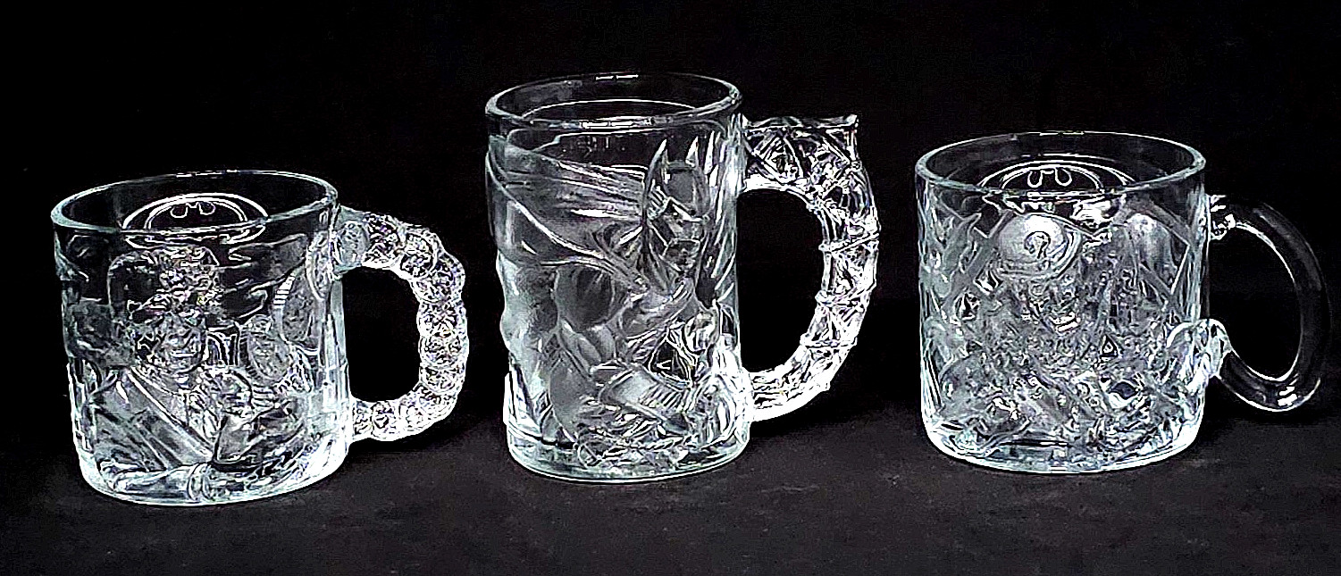 Vtg McDonalds BATMAN FOREVER 3D Glass Mugs 1995 Set 3 Cup Lot Two-Face & Riddler